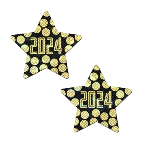 Happy New Year Pasties 2024 Black & Gold Star Nipple Covers