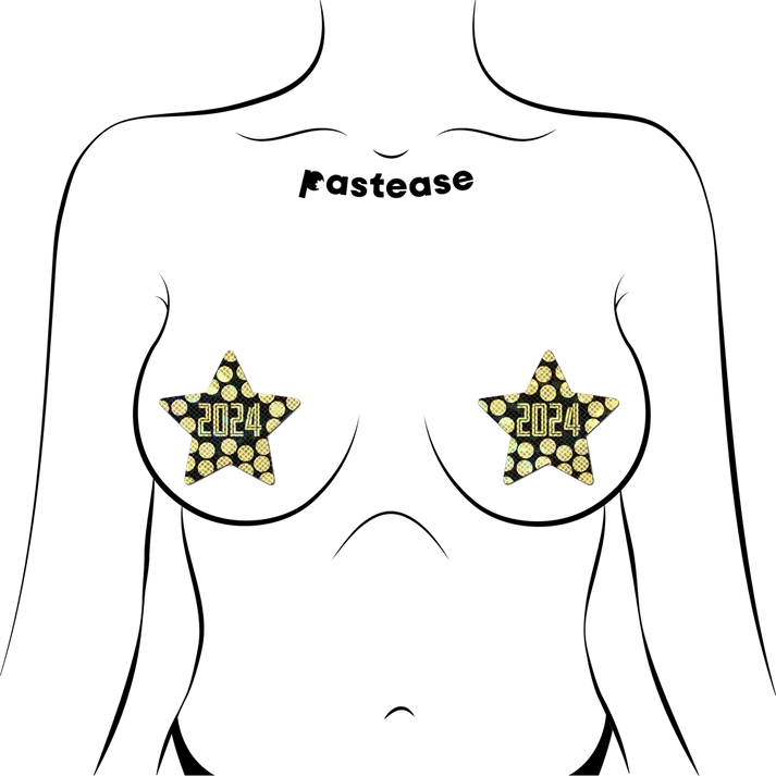 Happy New Year Pasties 2024 Black & Gold Star Nipple Covers