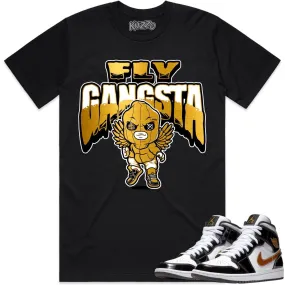 Jordan 1 Mid Patent Black Metallic Gold Shirt to Match - GOLD METALLIC FLY GANGSTA