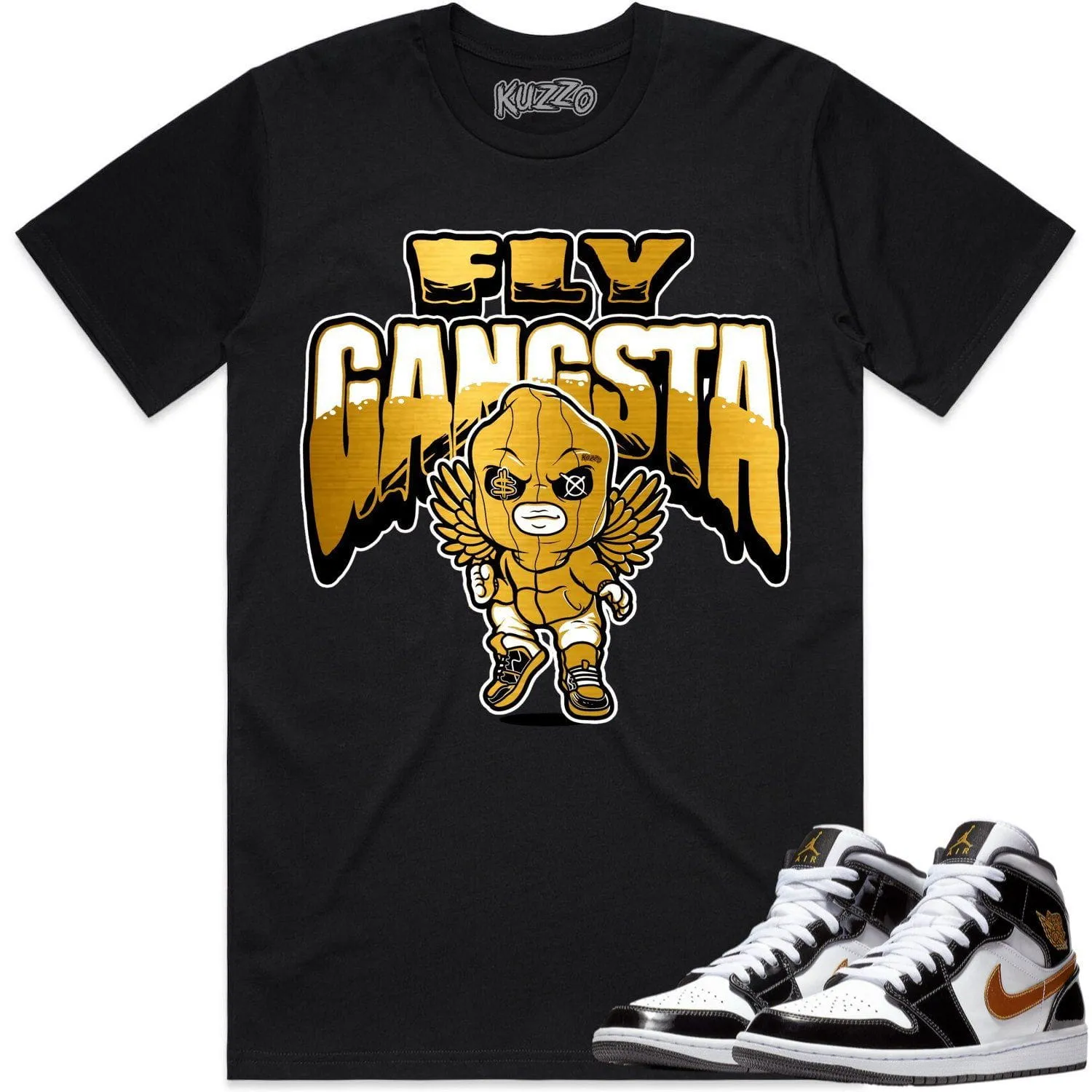 Jordan 1 Mid Patent Black Metallic Gold Shirt to Match - GOLD METALLIC FLY GANGSTA