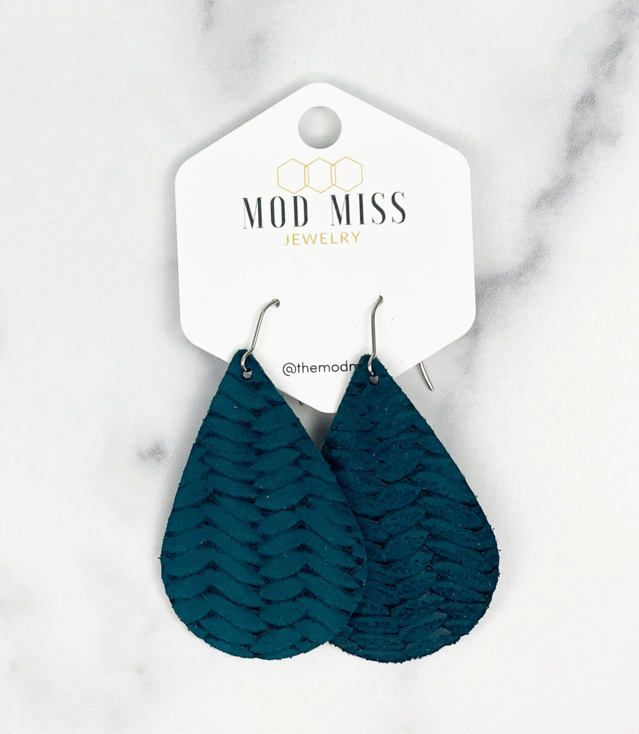 Leather Teardrop Earring Weaved Dark Teal Weaved