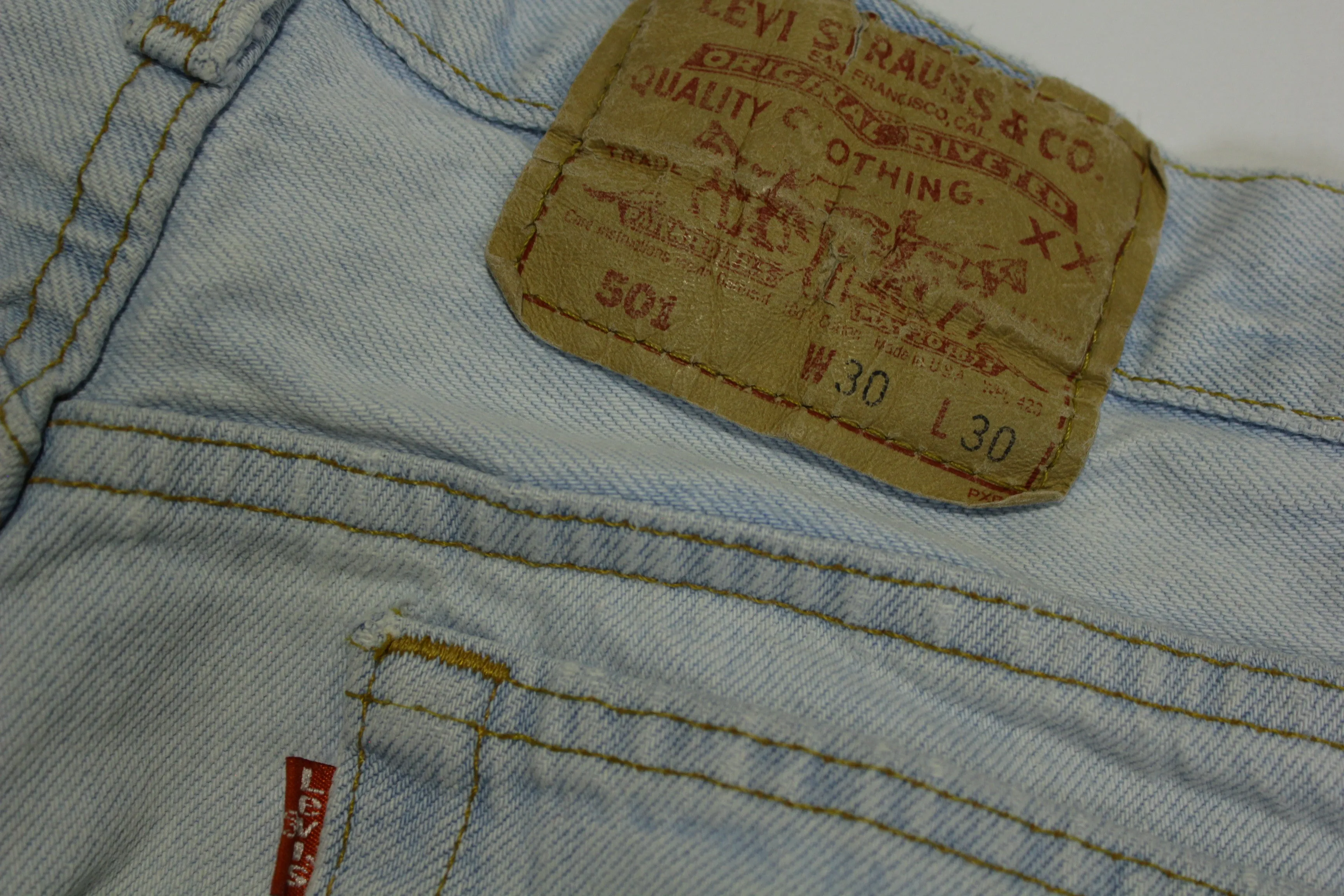 Levis 501 Button Fly Vintage 90's Denim Grunge Acid Wash Red Tab Blue Jean Cut Off Shorts