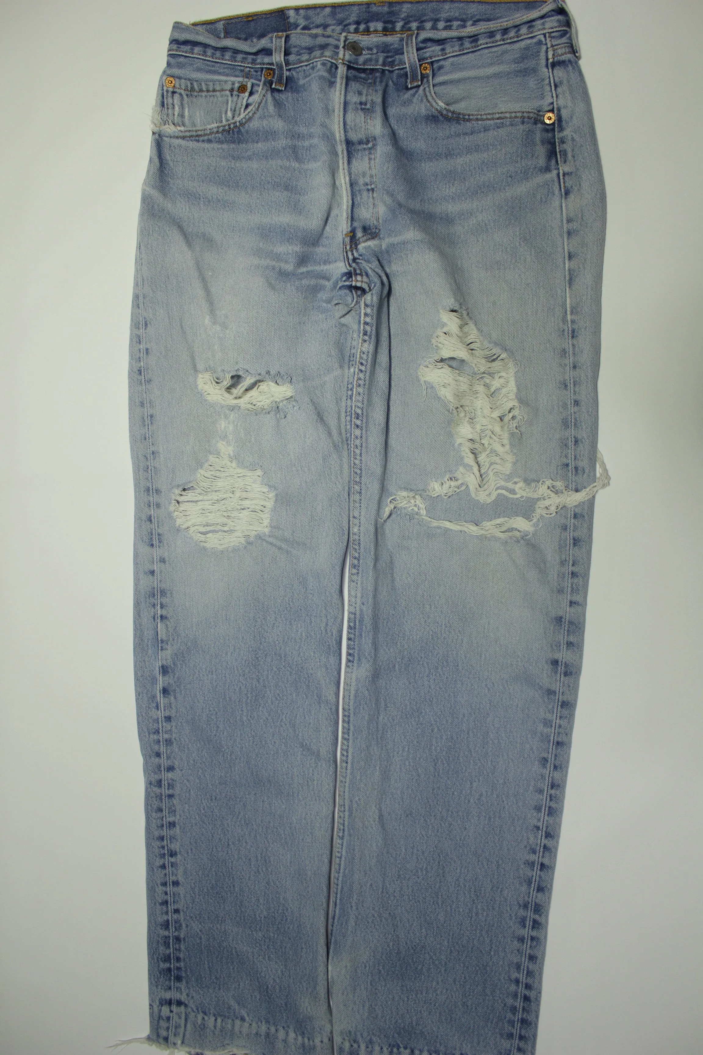 Levis 501 Heavily Distressed Button Fly Vintage 90's Denim Grunge Punk Red Tab Blue Jeans