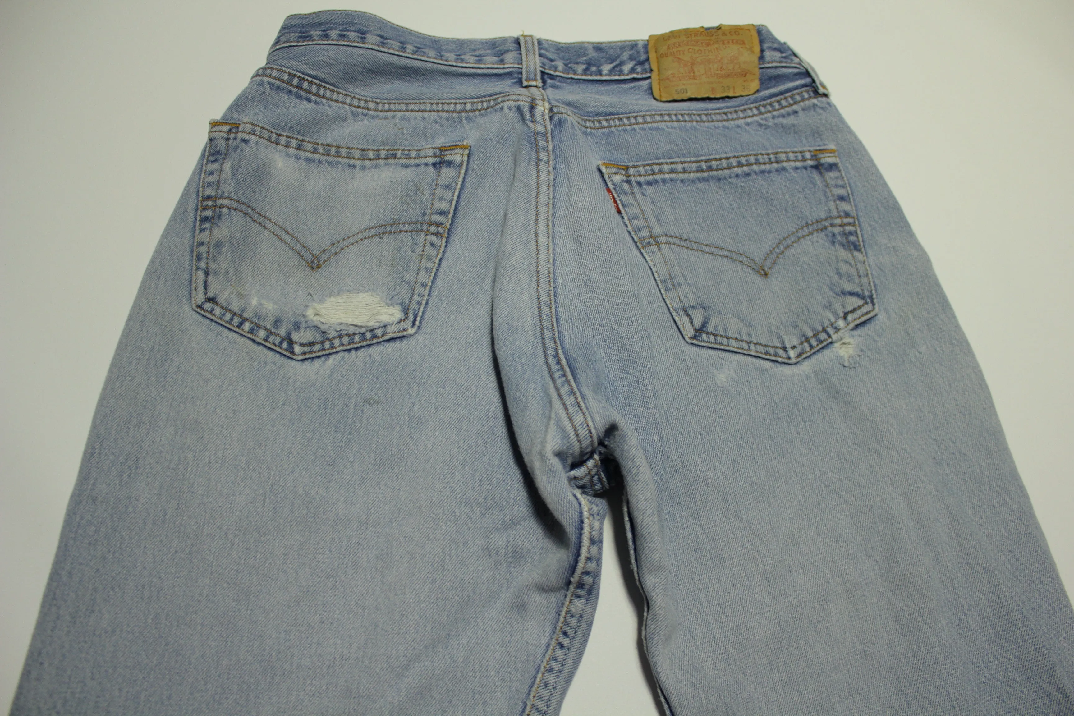 Levis 501 Heavily Distressed Button Fly Vintage 90's Denim Grunge Punk Red Tab Blue Jeans