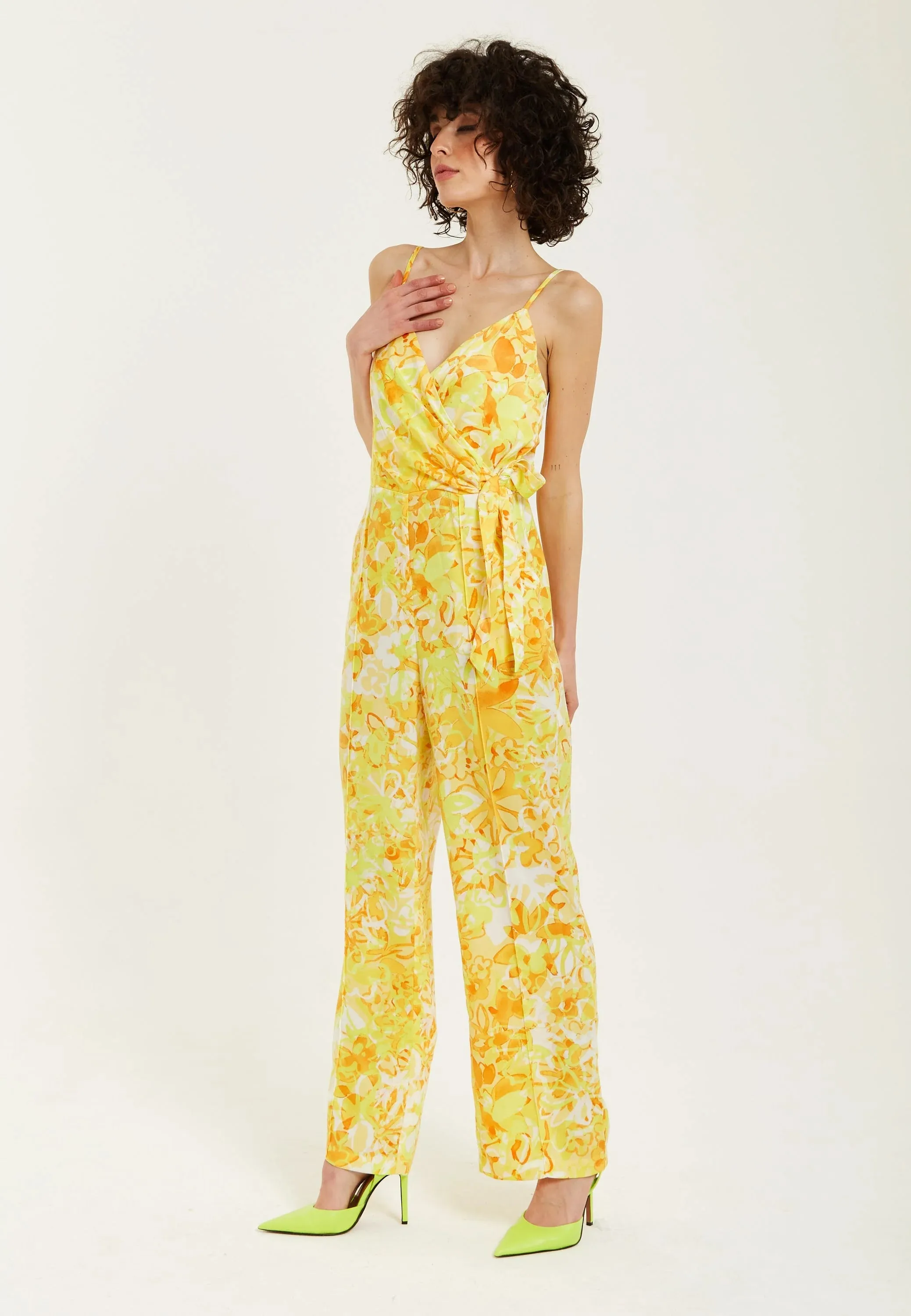 Liquorish Yellow And Orange Floral Print V-neck Jumpsuit