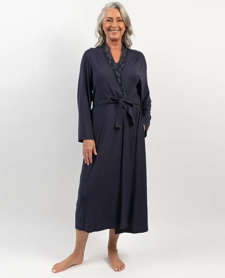 Maeve Lace Detail Navy Jersey Long Dressing Gown