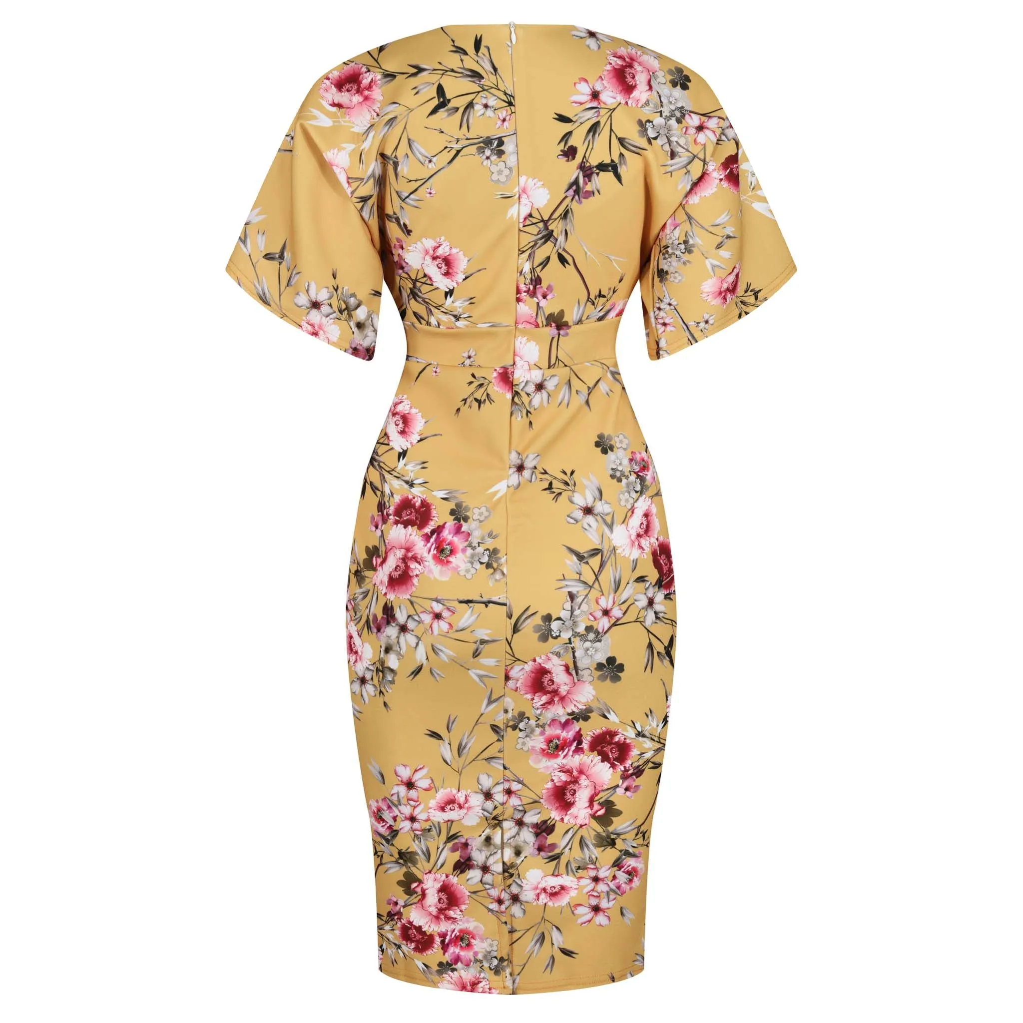 Mustard Floral Half Batwing Sleeve Crossover Top Pencil Dress