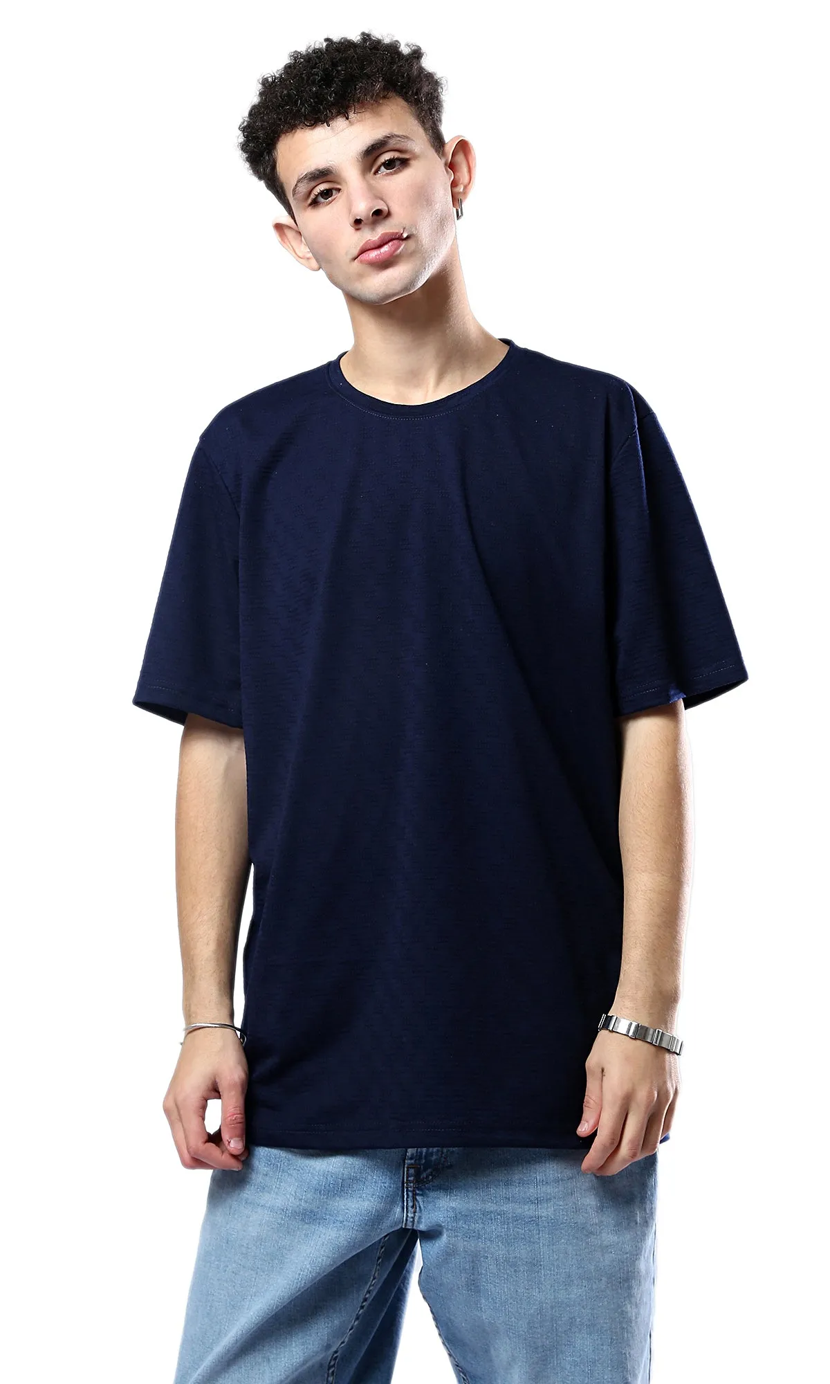 O180764 Elbow-Sleeves Crew Neck Navy Blue Tee