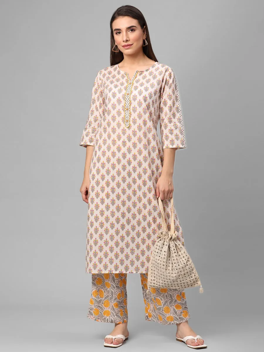 Off White Floral Printed Kurta With Comfort Pant