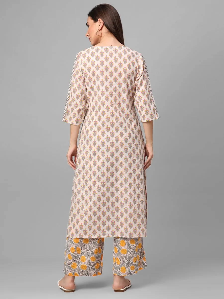 Off White Floral Printed Kurta With Comfort Pant