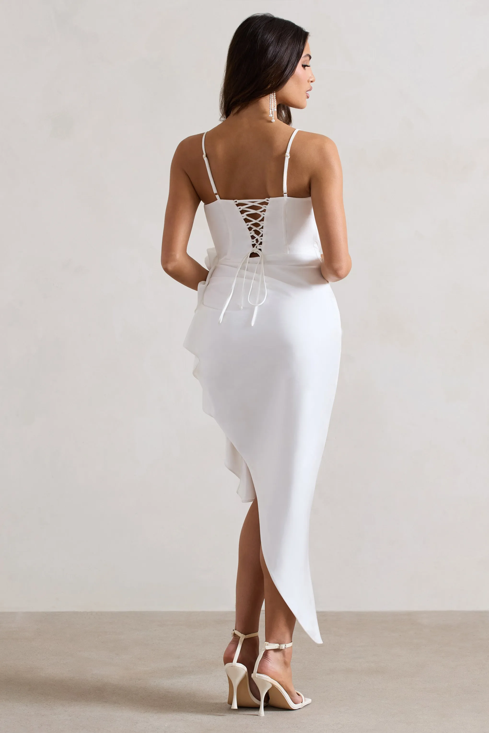 On The List | White Asymmetric Corset Maxi Dress With Floral Drape