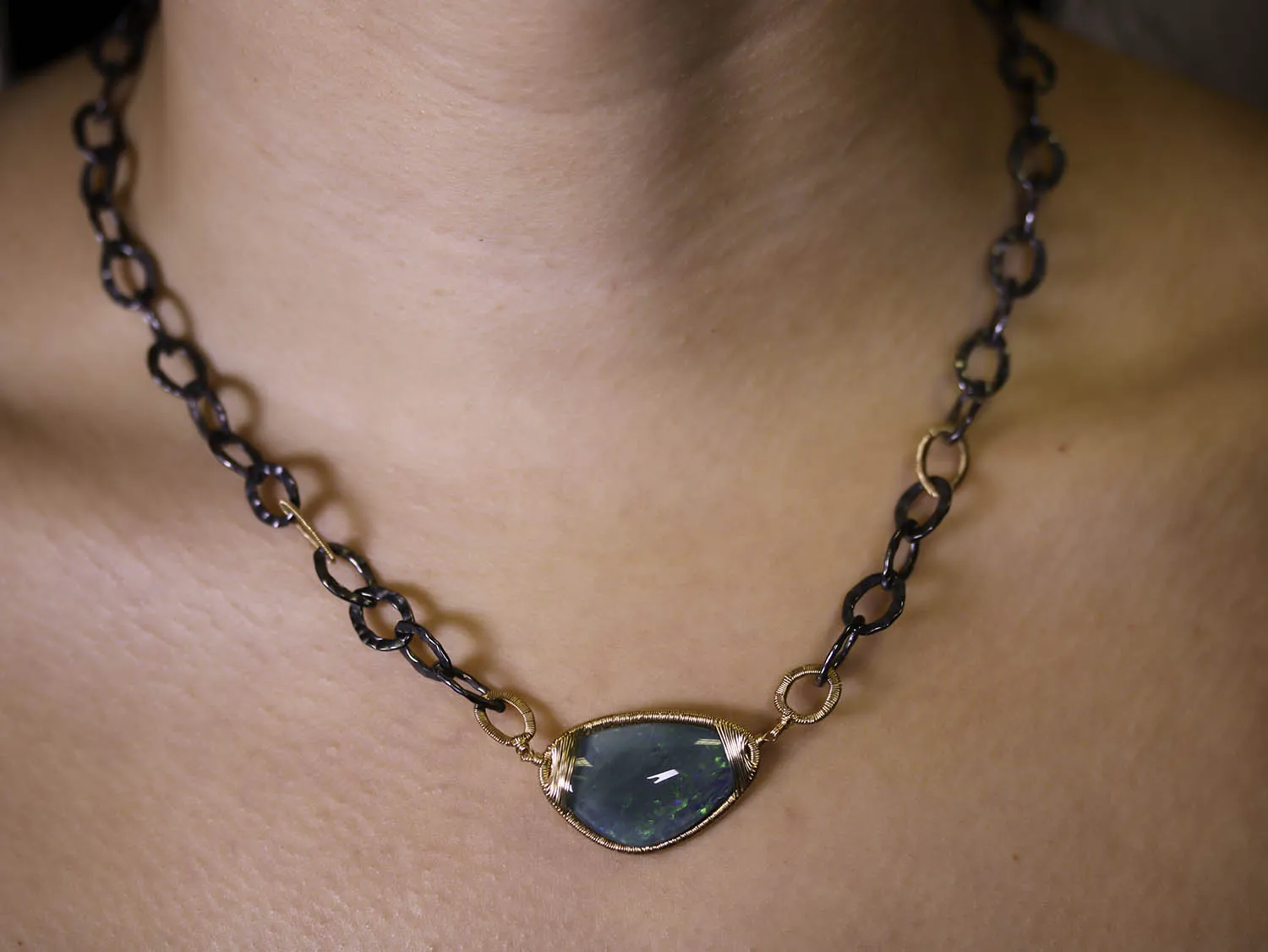 Opal Pendant with Gold and Silver Chain Link Necklace