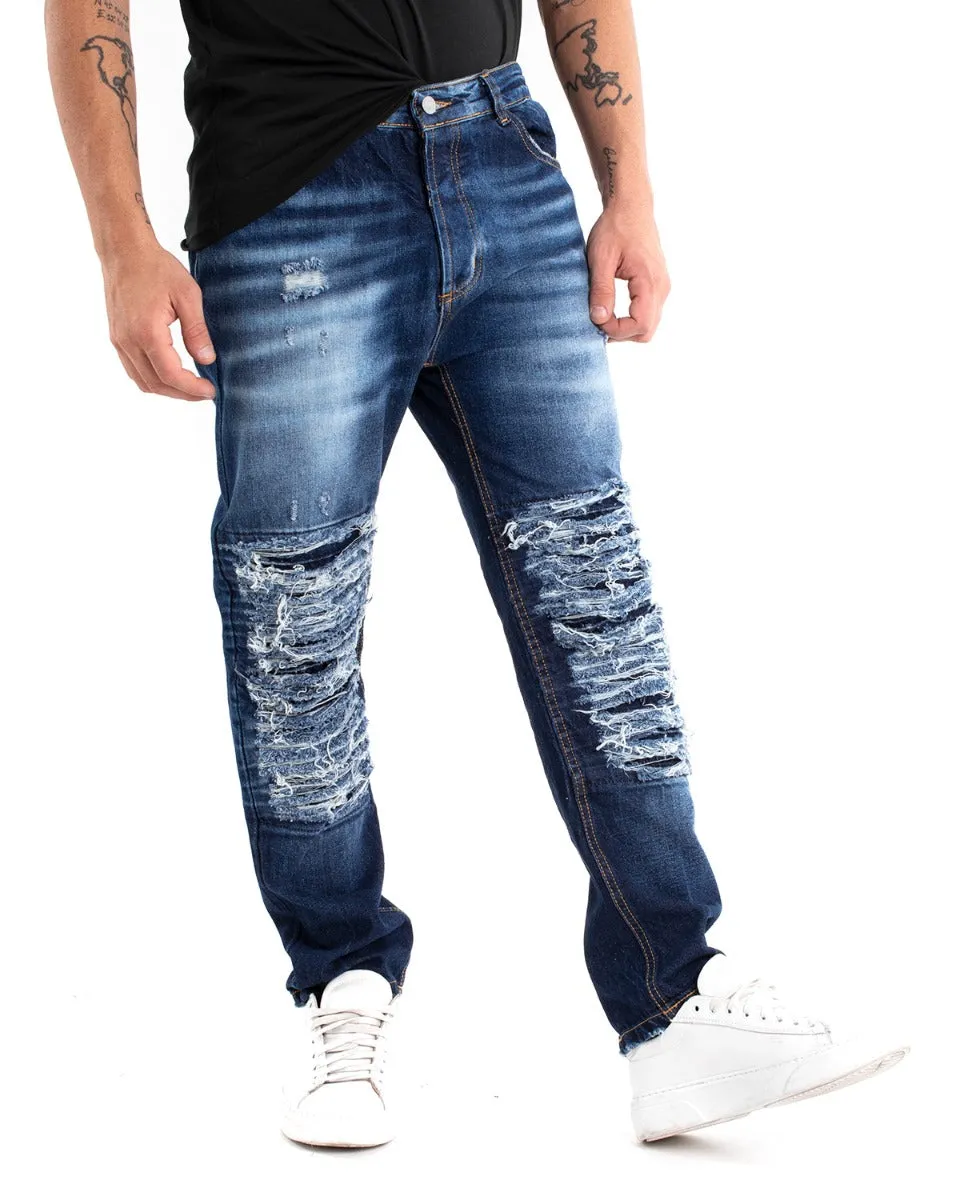 Pantaloni Jeans Uomo Loose Fit Sfumato Ripped Denim Scuro Cinque Tasche GIOSAL-P5482A