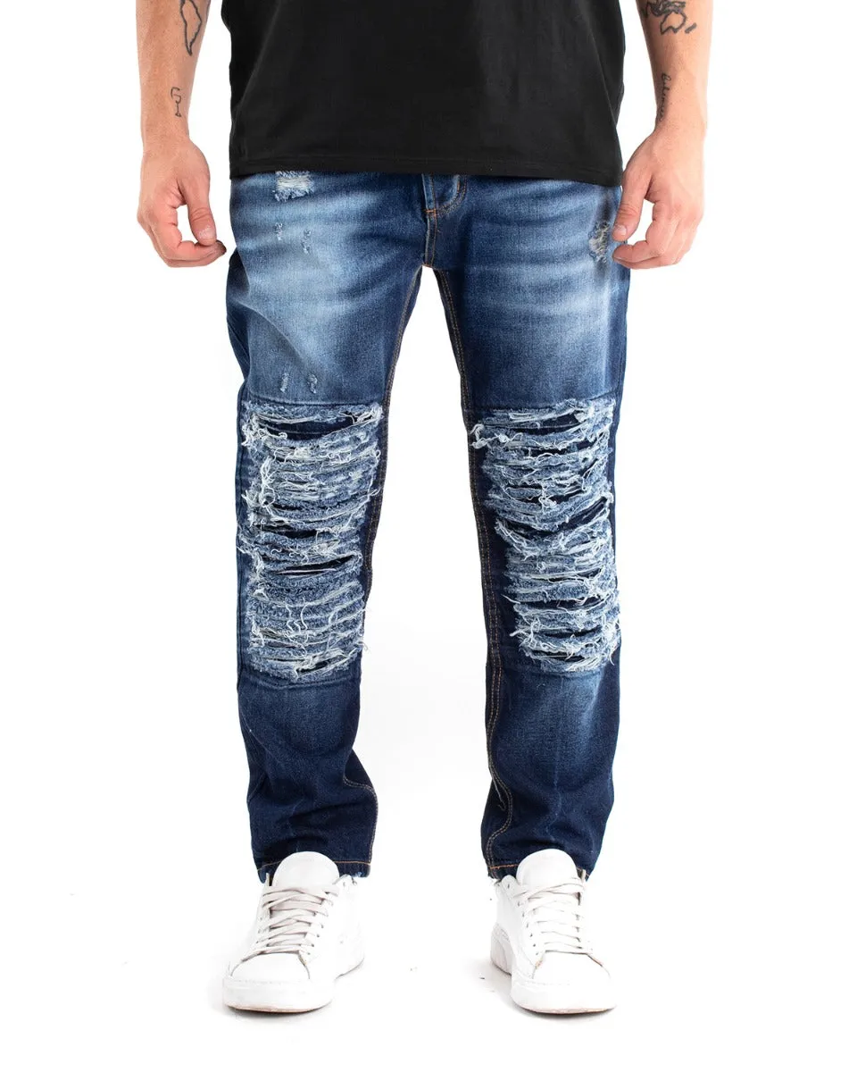 Pantaloni Jeans Uomo Loose Fit Sfumato Ripped Denim Scuro Cinque Tasche GIOSAL-P5482A