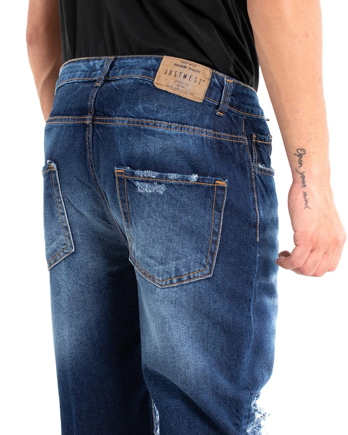 Pantaloni Jeans Uomo Loose Fit Sfumato Ripped Denim Scuro Cinque Tasche GIOSAL-P5482A