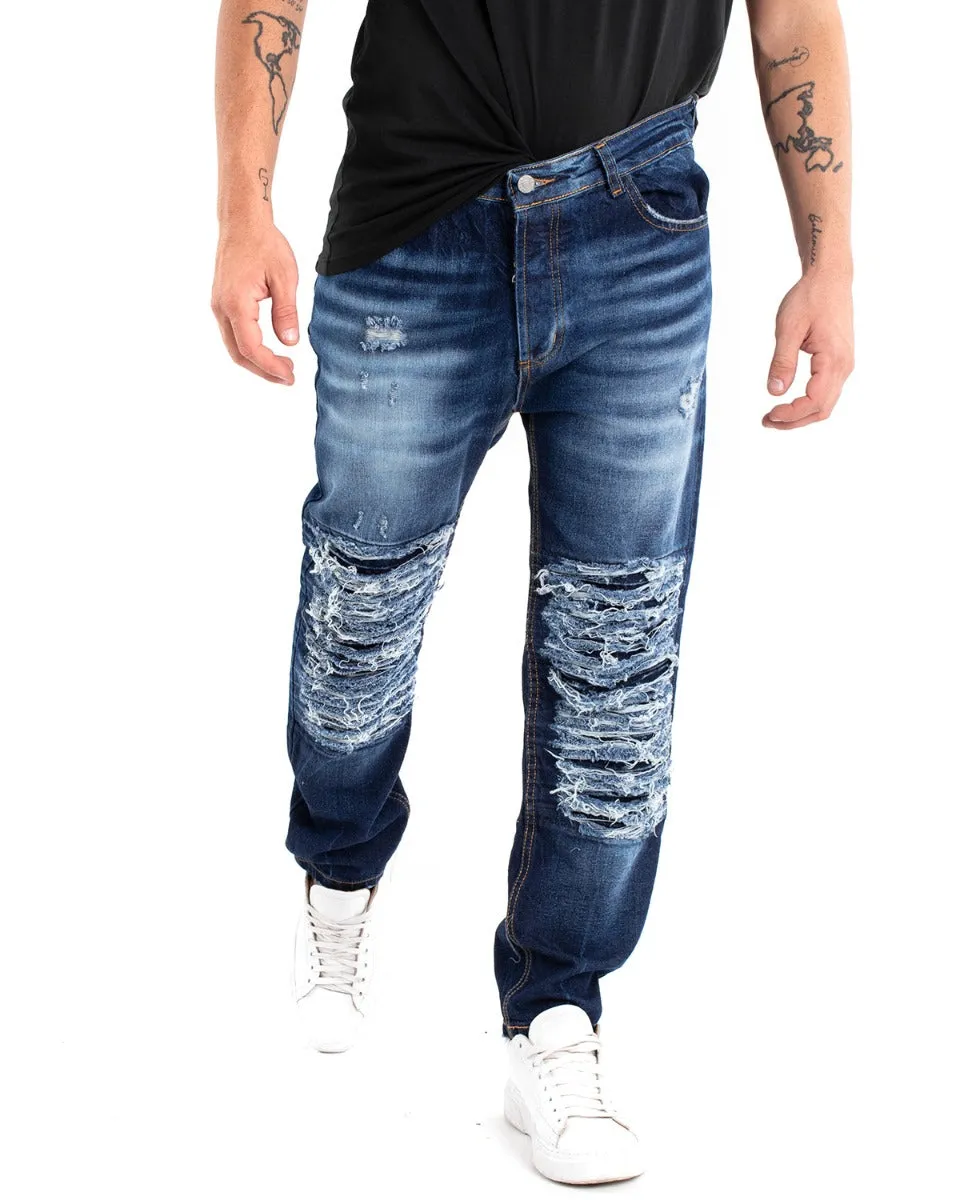 Pantaloni Jeans Uomo Loose Fit Sfumato Ripped Denim Scuro Cinque Tasche GIOSAL-P5482A