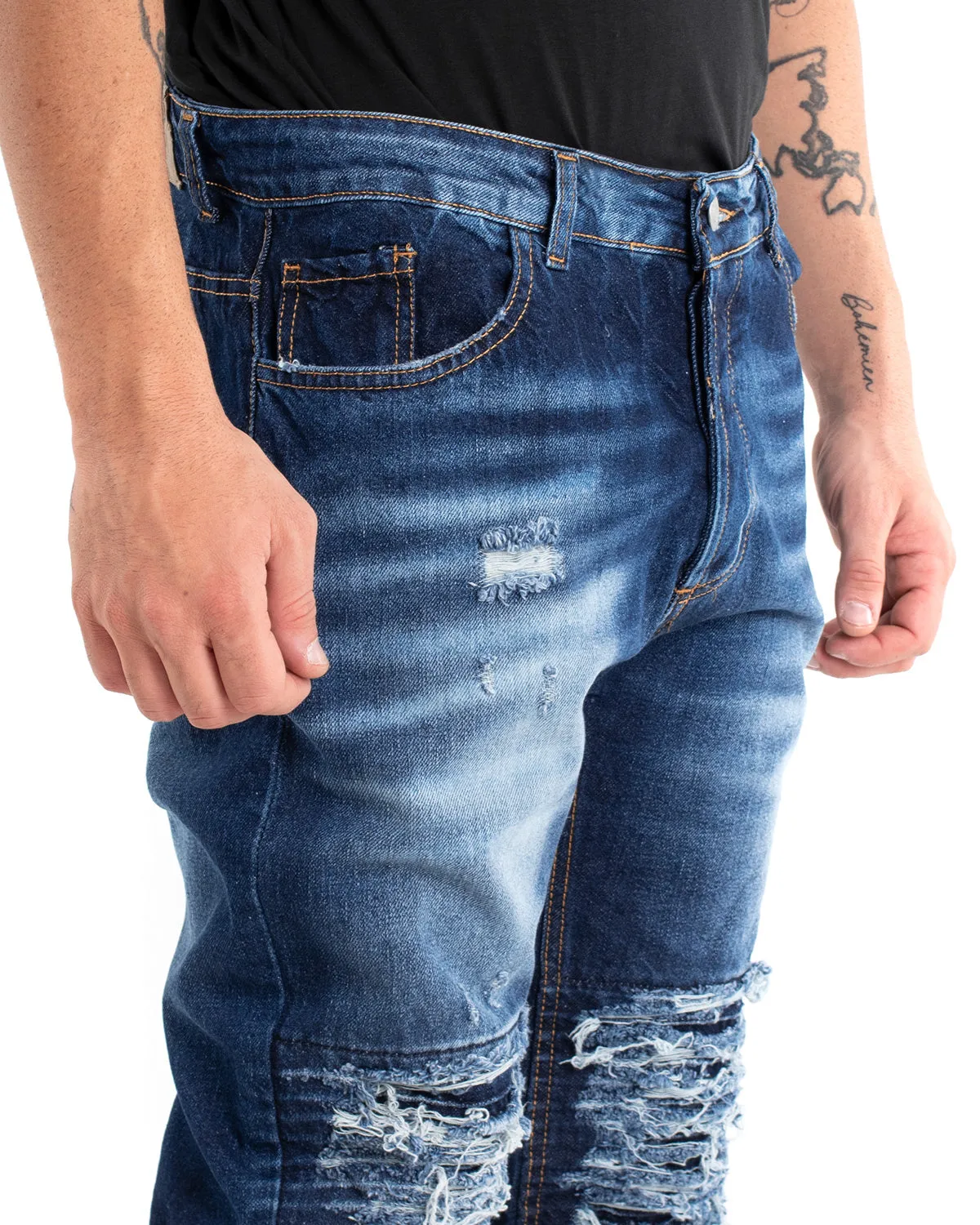 Pantaloni Jeans Uomo Loose Fit Sfumato Ripped Denim Scuro Cinque Tasche GIOSAL-P5482A