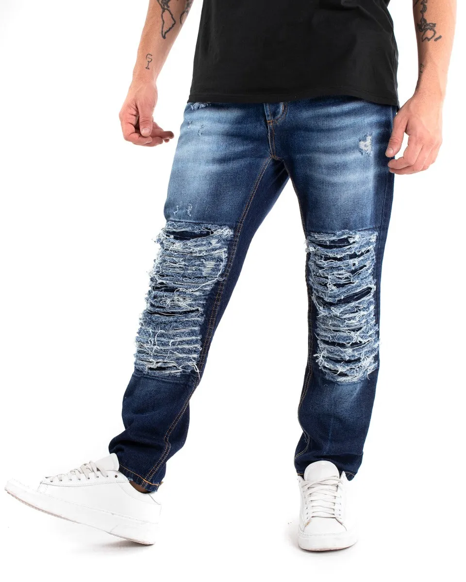 Pantaloni Jeans Uomo Loose Fit Sfumato Ripped Denim Scuro Cinque Tasche GIOSAL-P5482A