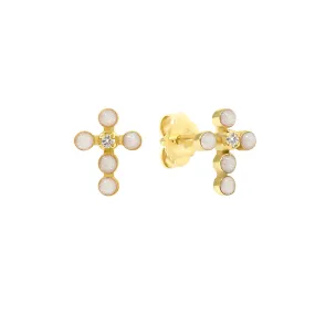 Pearled Cross Diamond Earrings, Opal, Yellow Gold