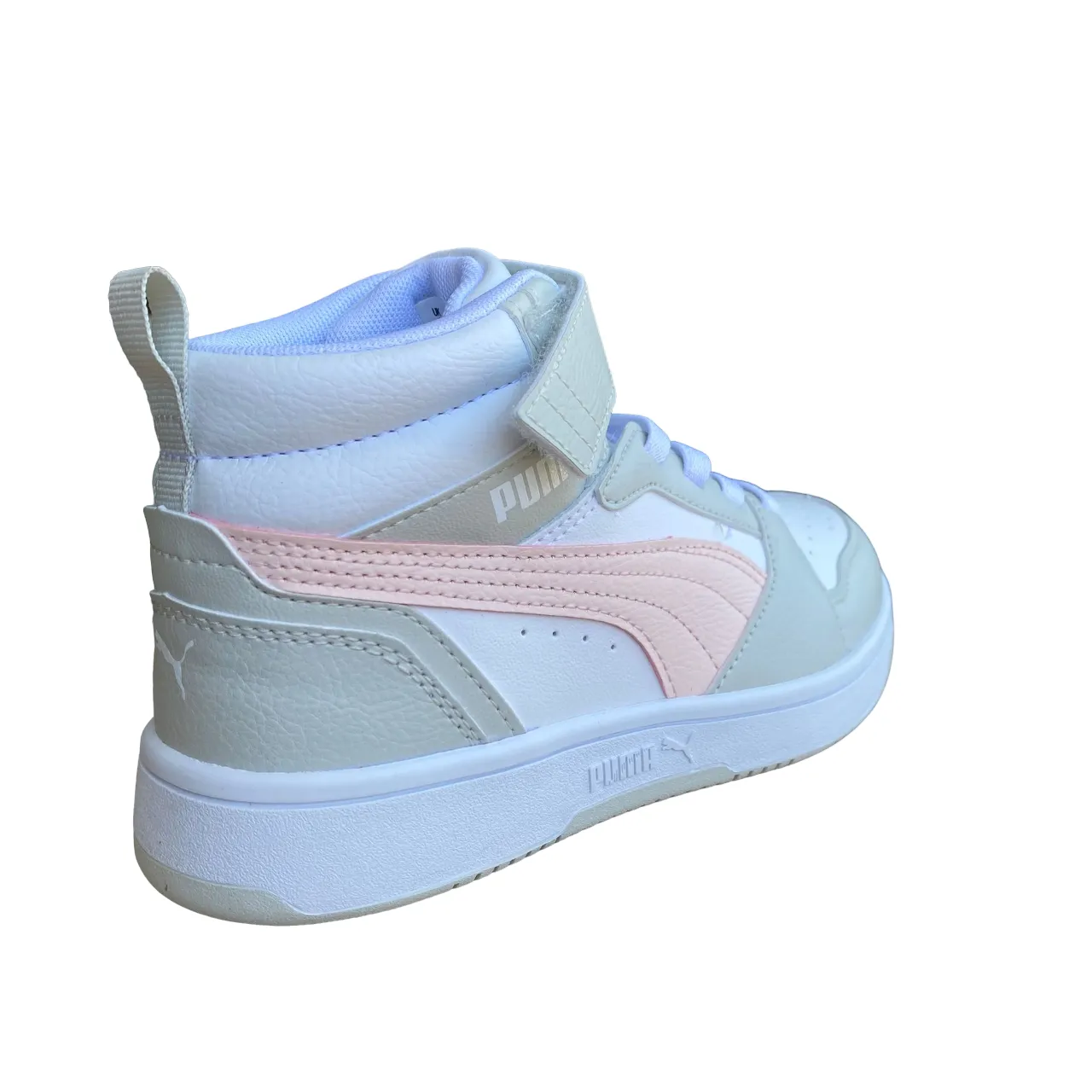 Puma girl's high shoe with lace and strap Rebound V6 AC PS 393832-04 white-pink-grey