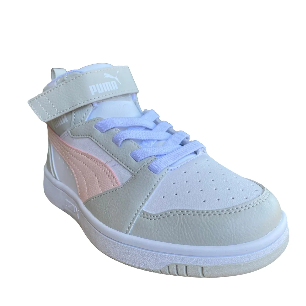 Puma girl's high shoe with lace and strap Rebound V6 AC PS 393832-04 white-pink-grey