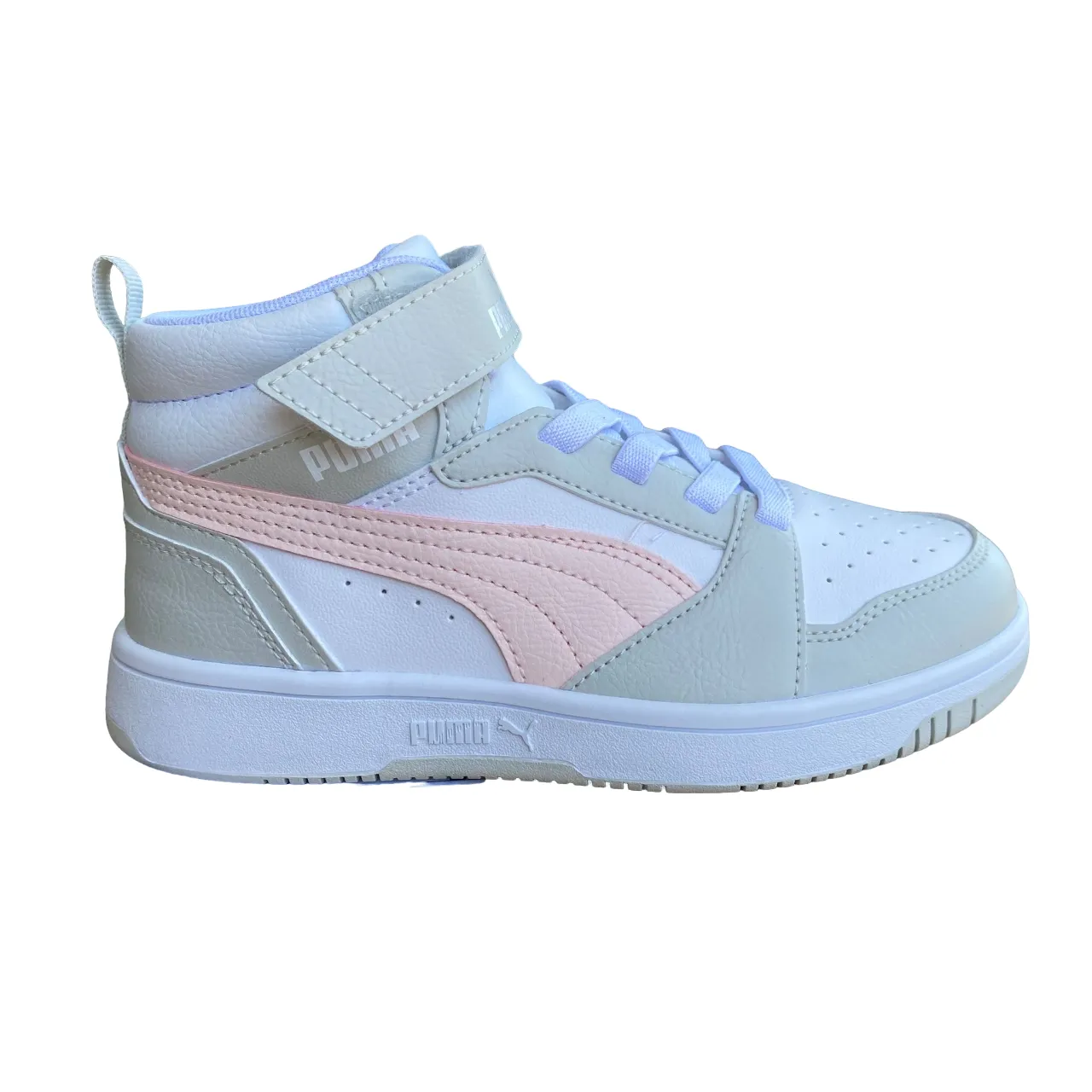 Puma girl's high shoe with lace and strap Rebound V6 AC PS 393832-04 white-pink-grey