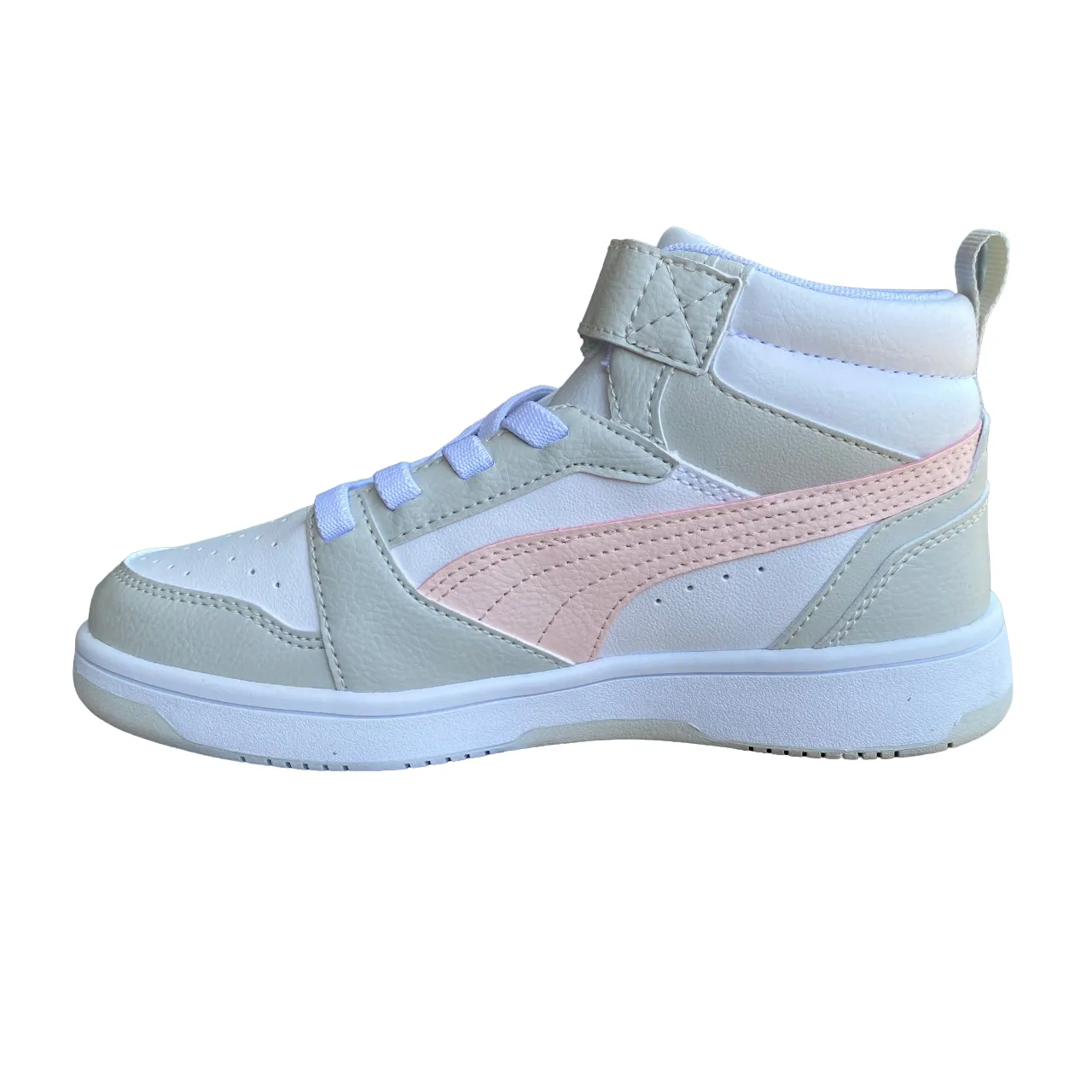 Puma girl's high shoe with lace and strap Rebound V6 AC PS 393832-04 white-pink-grey