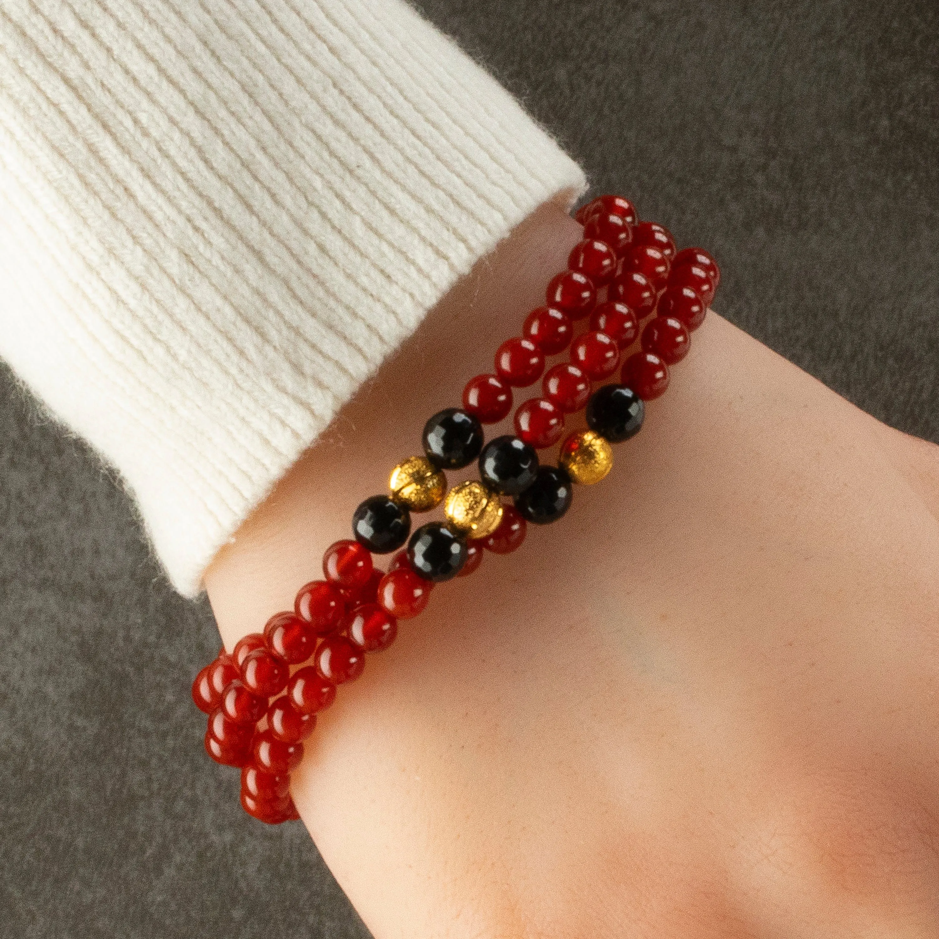 Red Agate 6mm Beads with Black Agate & Gold Accent Beads Triple Wrap Gemstone Elastic Bracelet