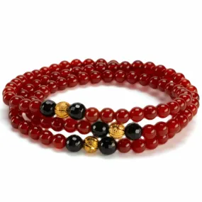 Red Agate 6mm Beads with Black Agate & Gold Accent Beads Triple Wrap Gemstone Elastic Bracelet