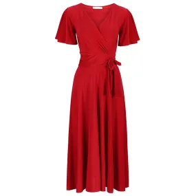 Red Cap Sleeve Crossover V Neck Vintage Wrap Top Swing Dress