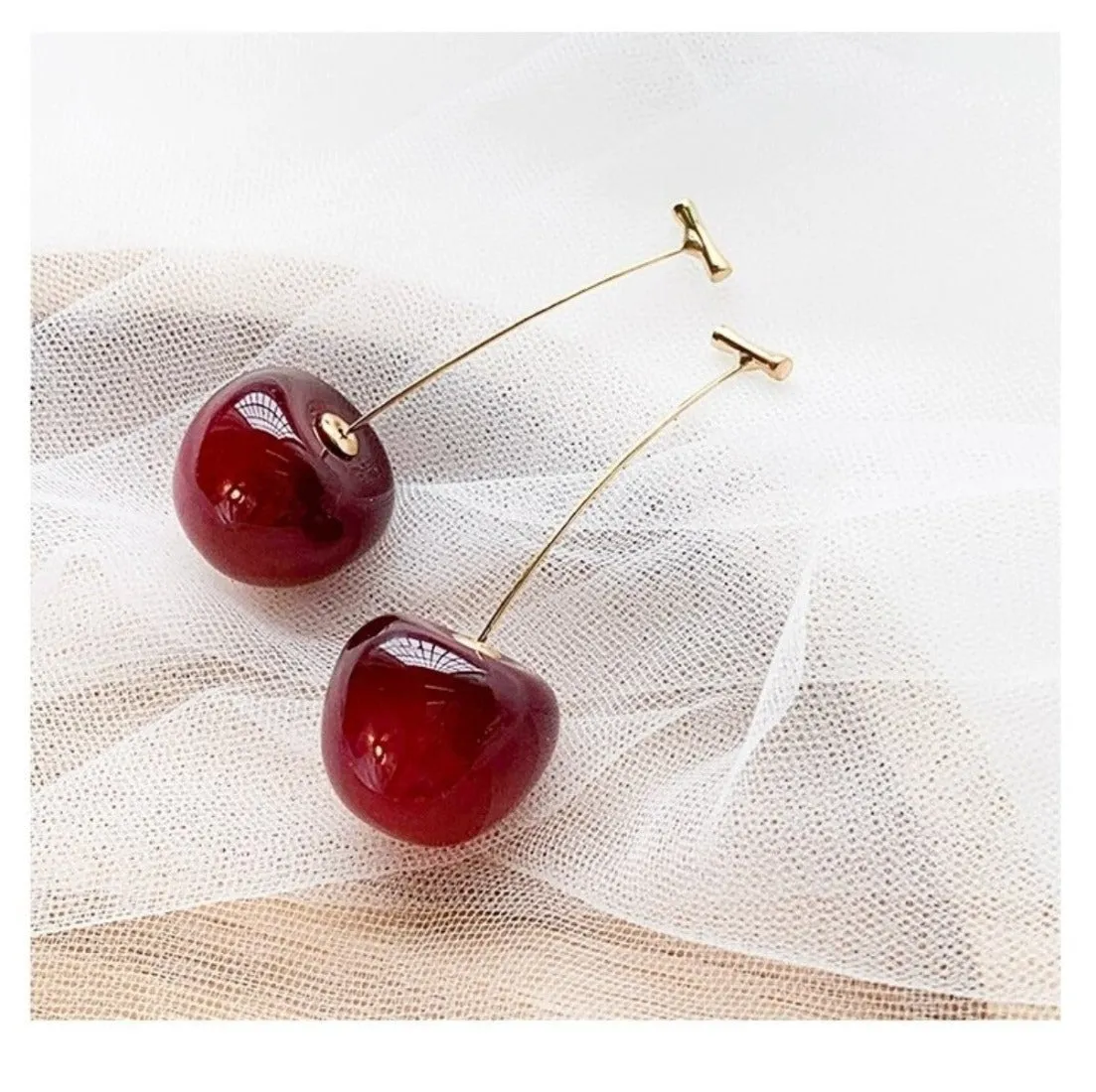 Romantic Cute Wine Red and Yellow Cherry Stud Drop Earrings