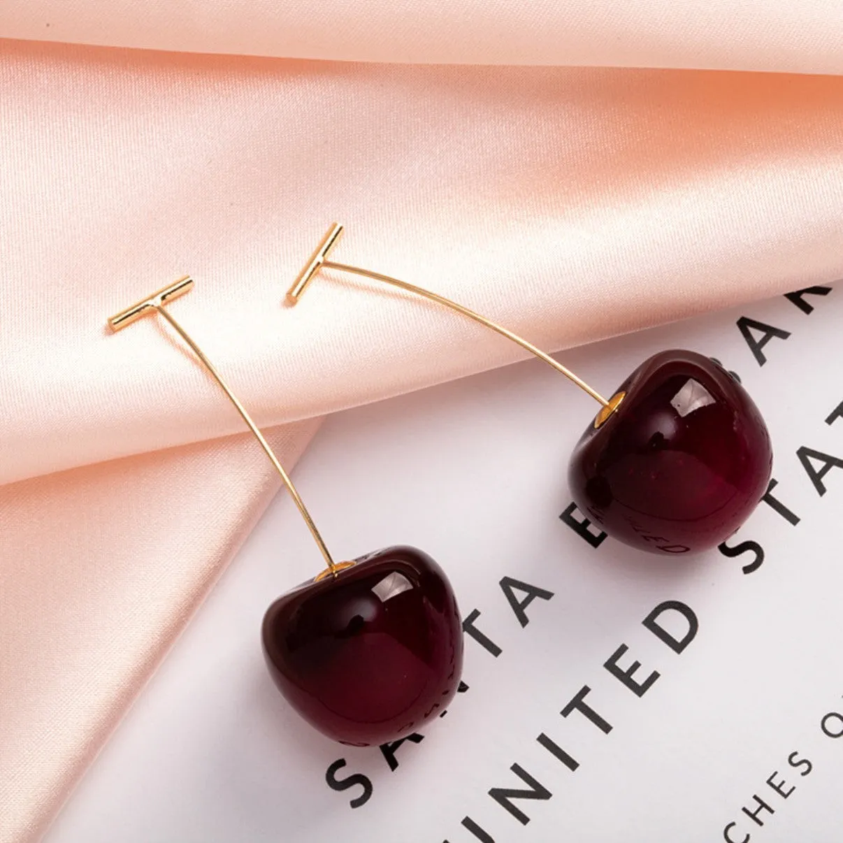 Romantic Cute Wine Red and Yellow Cherry Stud Drop Earrings