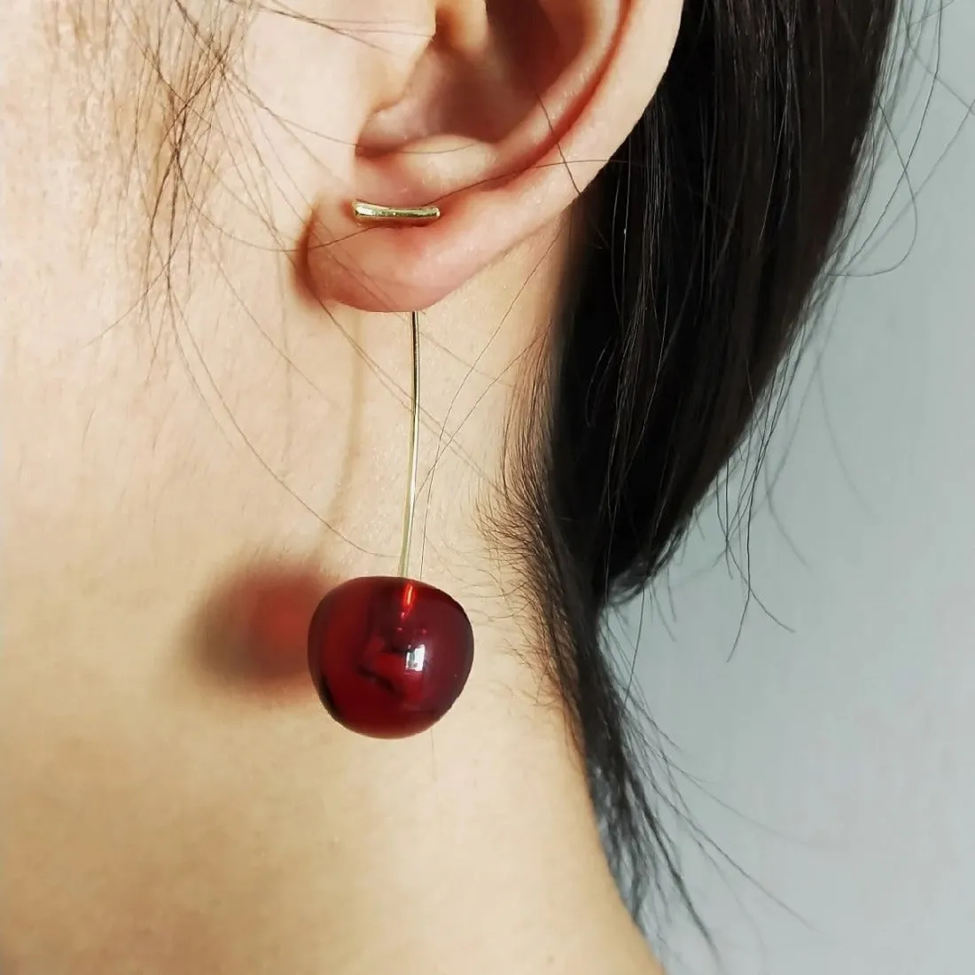 Romantic Cute Wine Red and Yellow Cherry Stud Drop Earrings