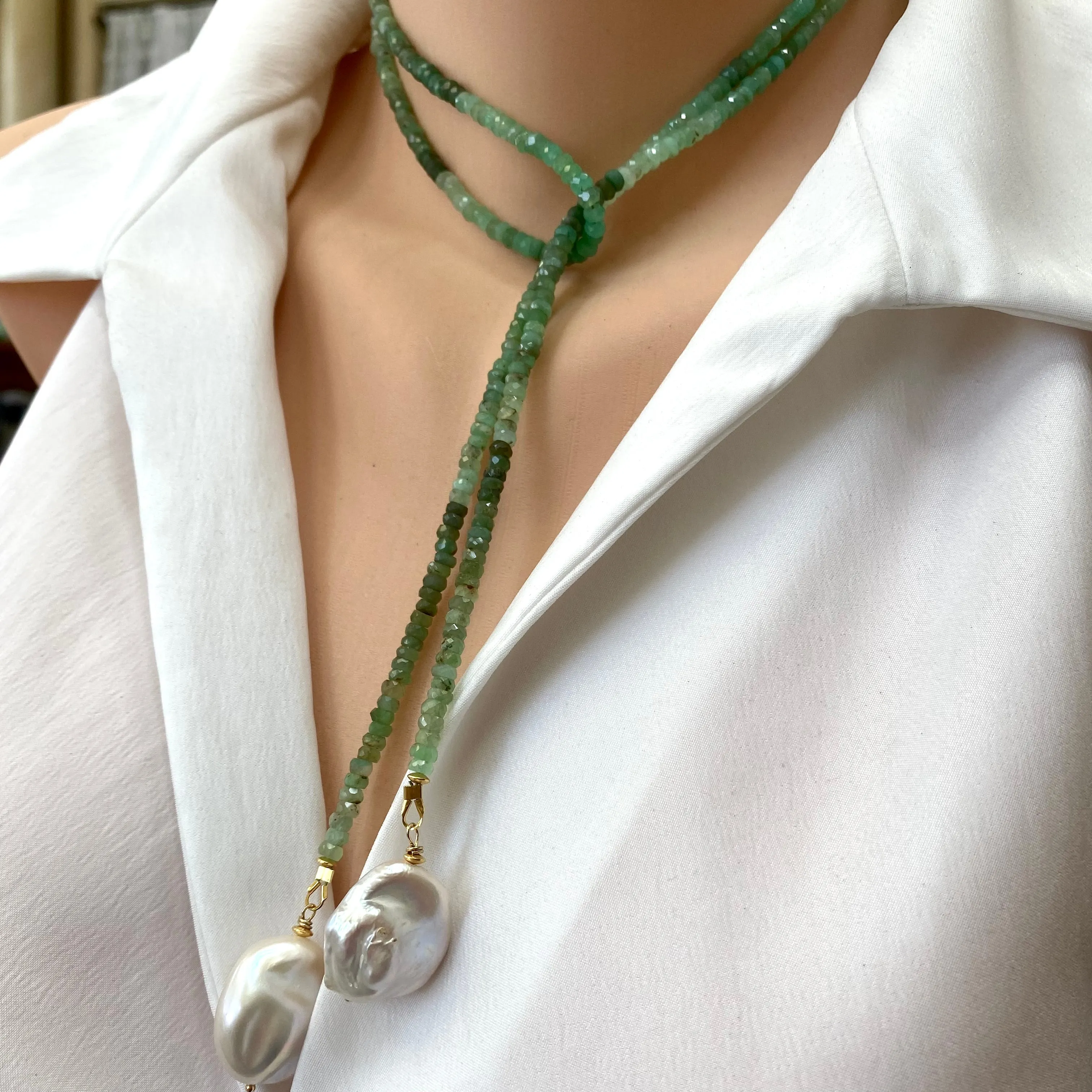 Shaded Green Chrysoprase Rondelle Beads & Two Baroque Pearls Lariat Wrap Necklace, Gold Plated silver, 42In