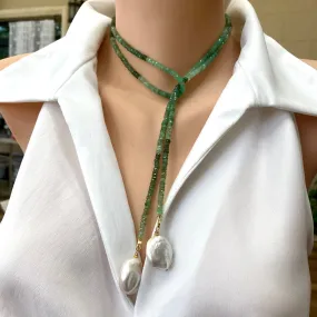 Shaded Green Chrysoprase Rondelle Beads & Two Baroque Pearls Lariat Wrap Necklace, Gold Plated silver, 42In