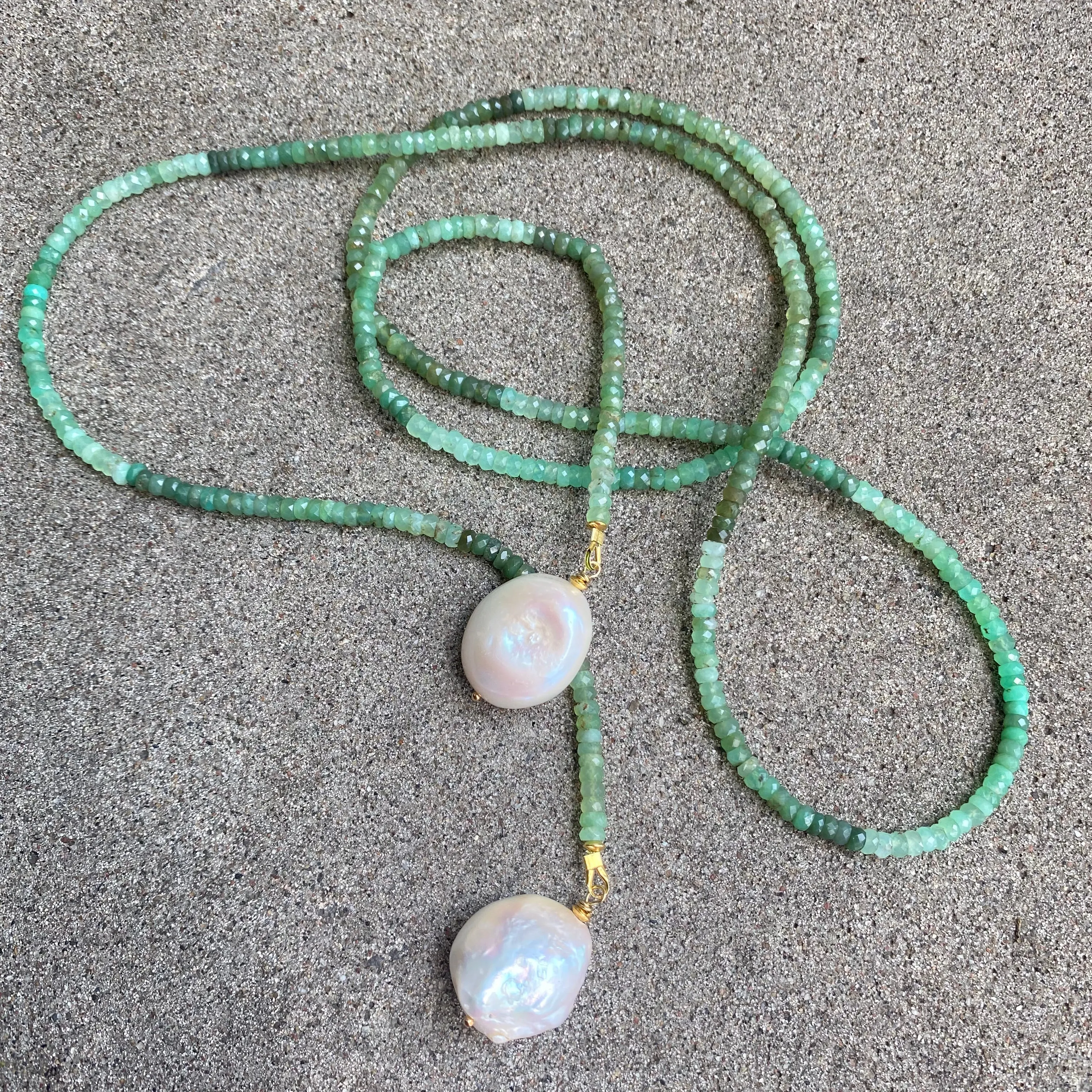 Shaded Green Chrysoprase Rondelle Beads & Two Baroque Pearls Lariat Wrap Necklace, Gold Plated silver, 42In