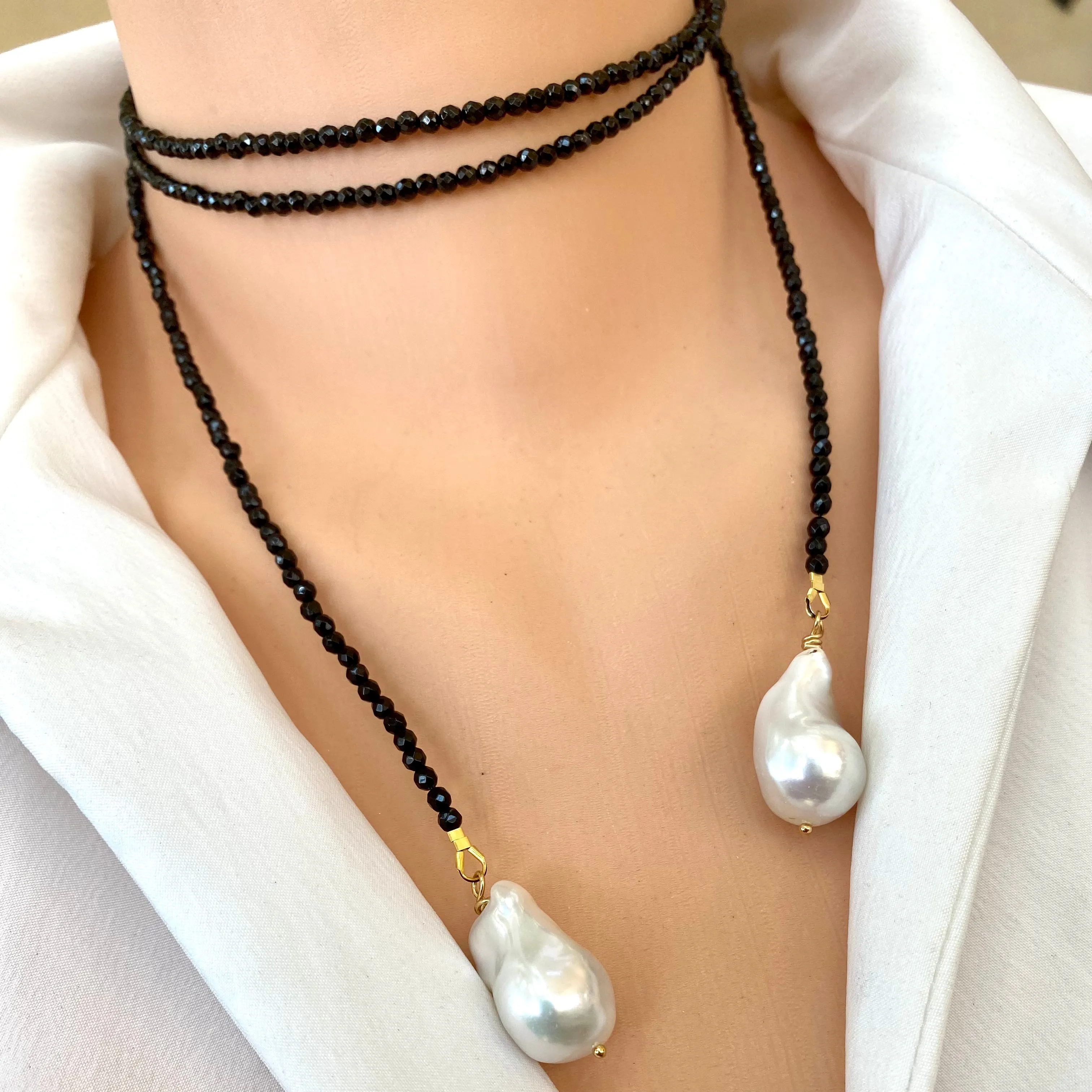 Single Strand of Black Onyx Beads & Two Baroque Pearl Lariat Wrap Necklace, 46inches