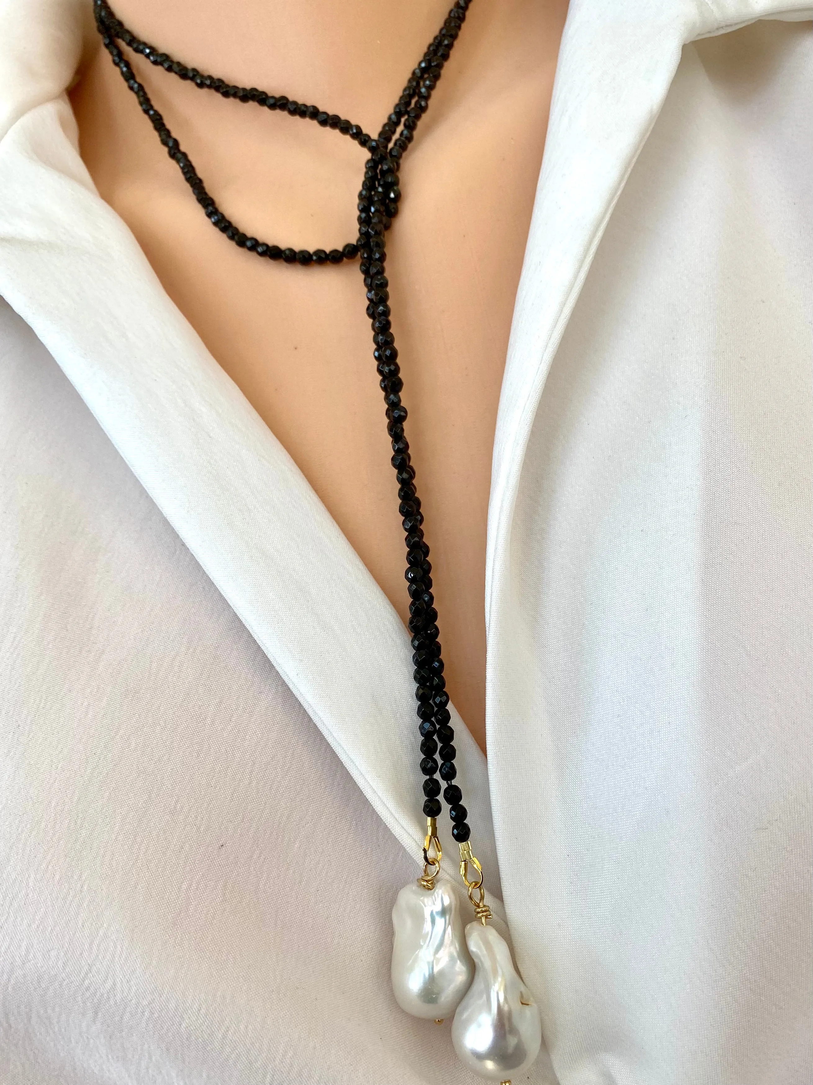 Single Strand of Black Onyx Beads & Two Baroque Pearl Lariat Wrap Necklace, 46inches