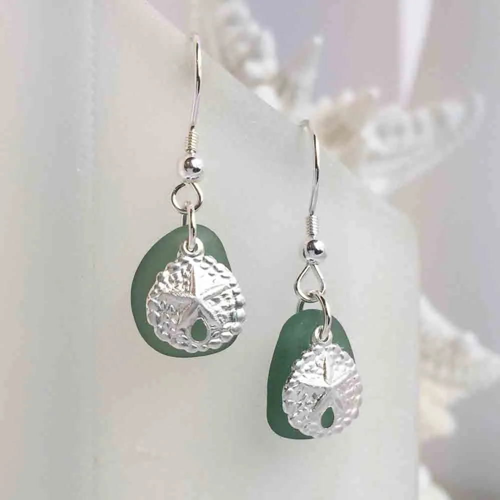 Smoky Teal Sea Glass Earrings with Sterling Silver Sand Dollar Charms | #1630