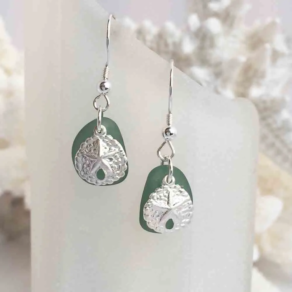 Smoky Teal Sea Glass Earrings with Sterling Silver Sand Dollar Charms | #1630