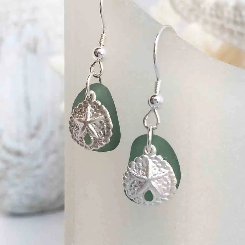 Smoky Teal Sea Glass Earrings with Sterling Silver Sand Dollar Charms | #1630