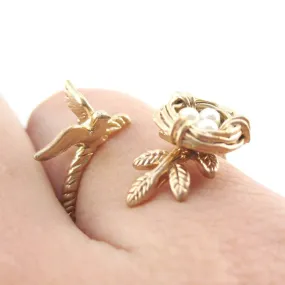 Sparrow and Bird Nest on A Branch Wrap Around Adjustable Ring in Antique Gold