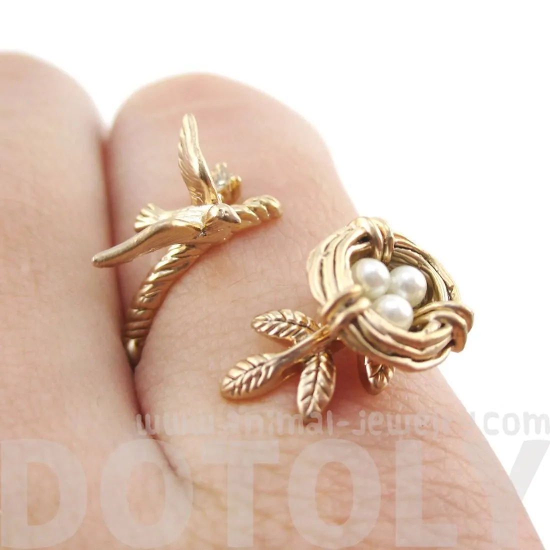 Sparrow and Bird Nest on A Branch Wrap Around Adjustable Ring in Antique Gold