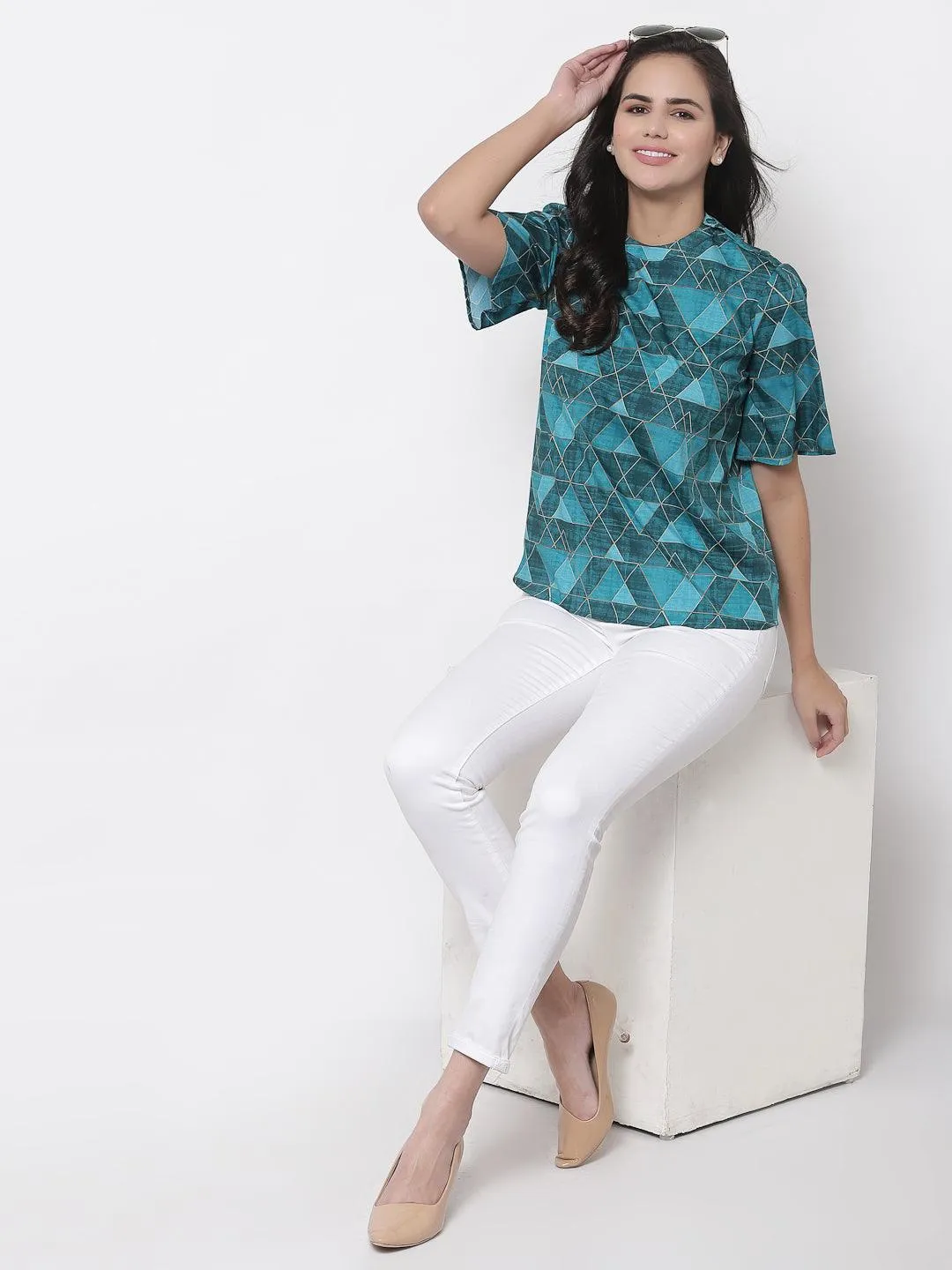 Style Quotient Teal Print Crepe Top