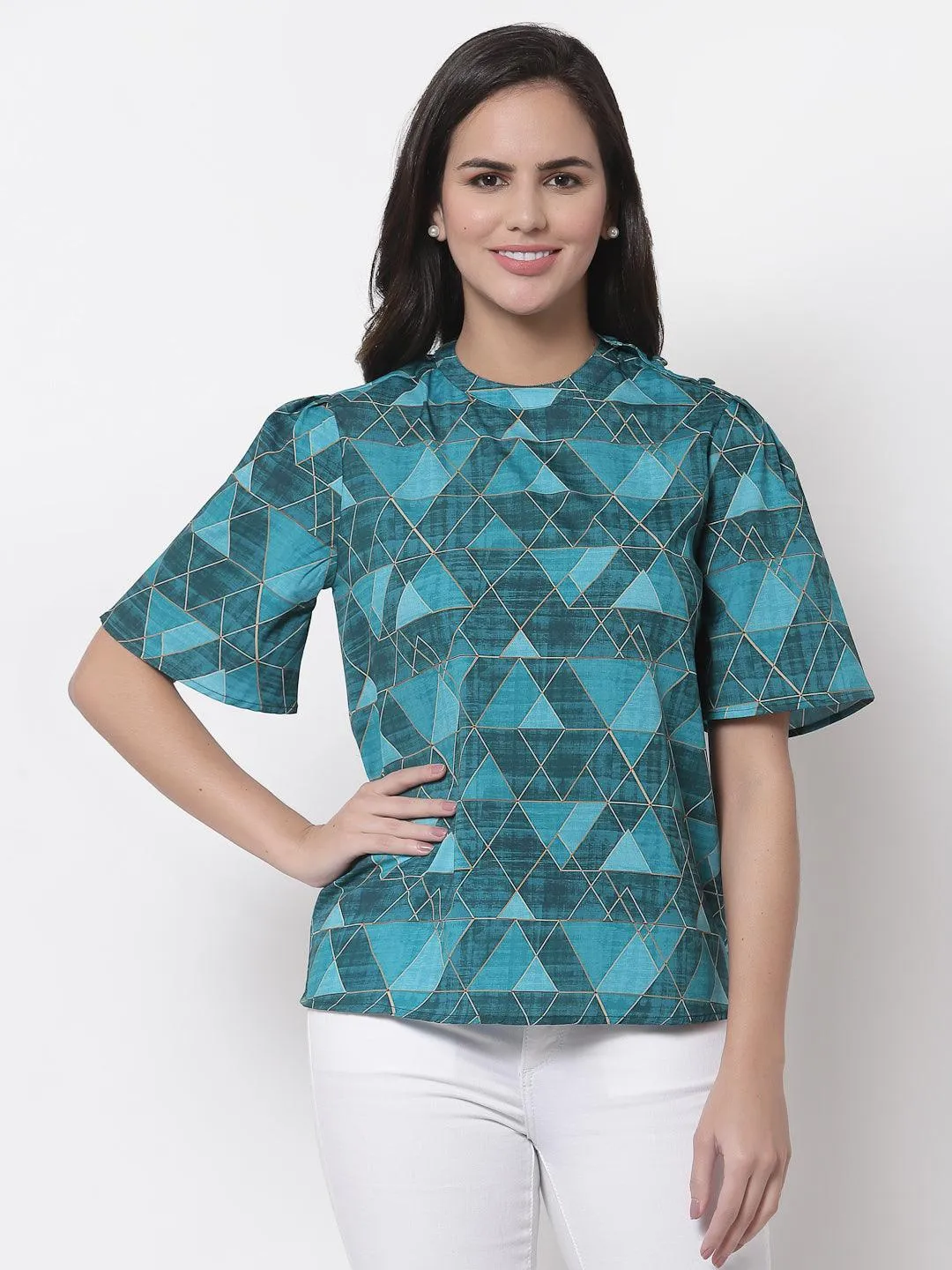 Style Quotient Teal Print Crepe Top