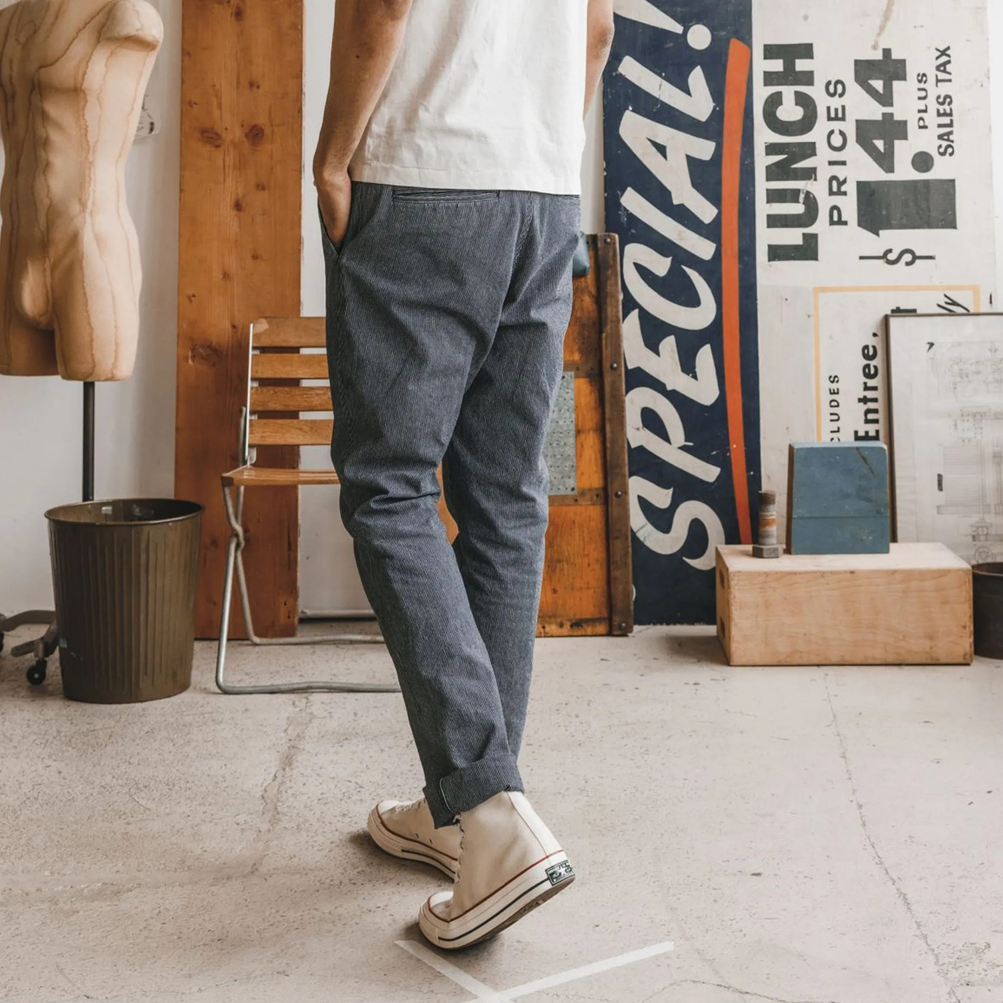 The Morse Pant in Washed Indigo Stripe