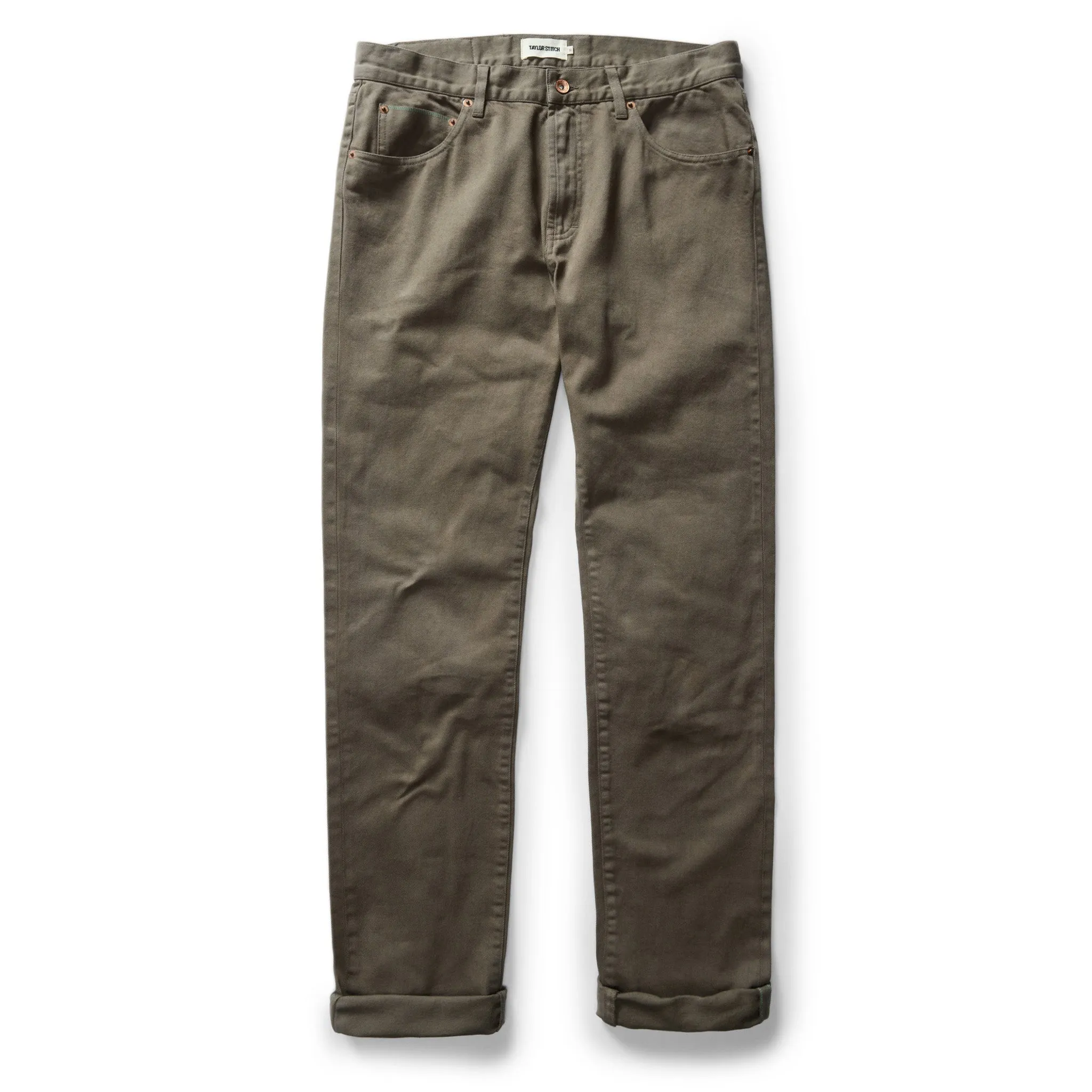 The Slim All Day Pant in Fatigue Olive Selvage Denim