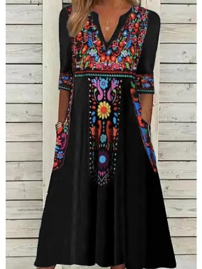 Versatile Women's Black Floral Midi Shift Dress with V Neck and Pocket