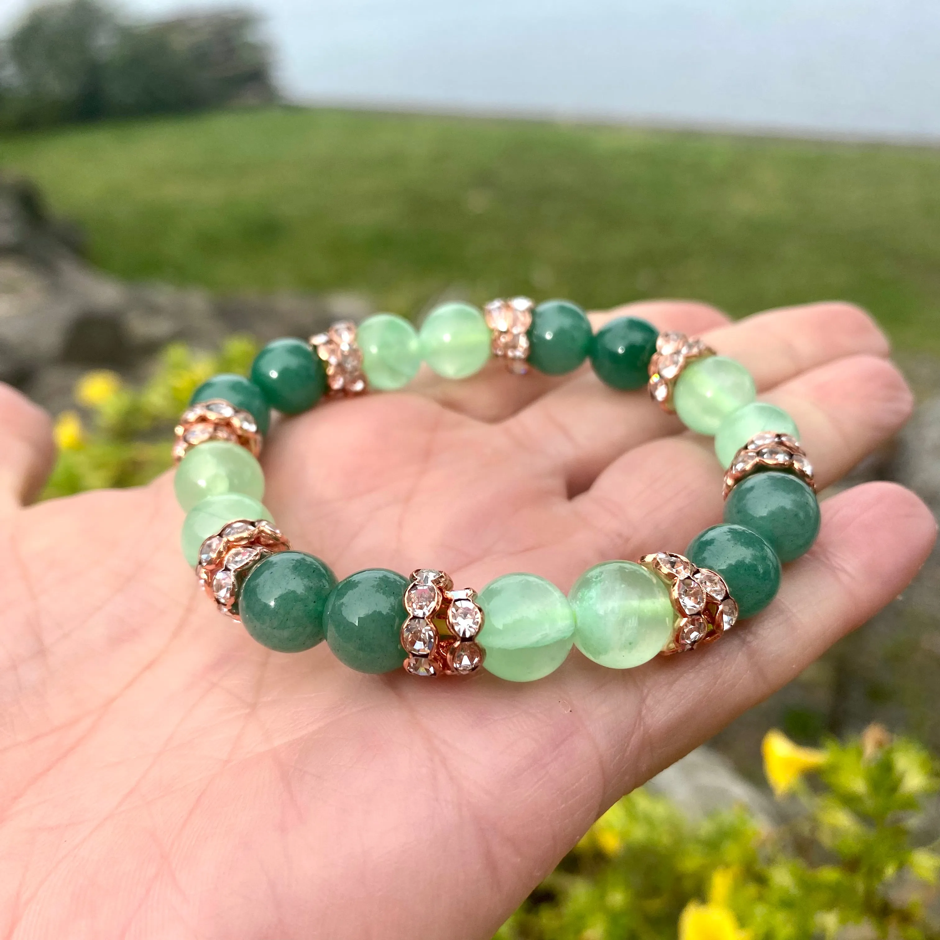 Vibrant colorful Jade with Sparkly Rhinestones Stretchy Bracelet