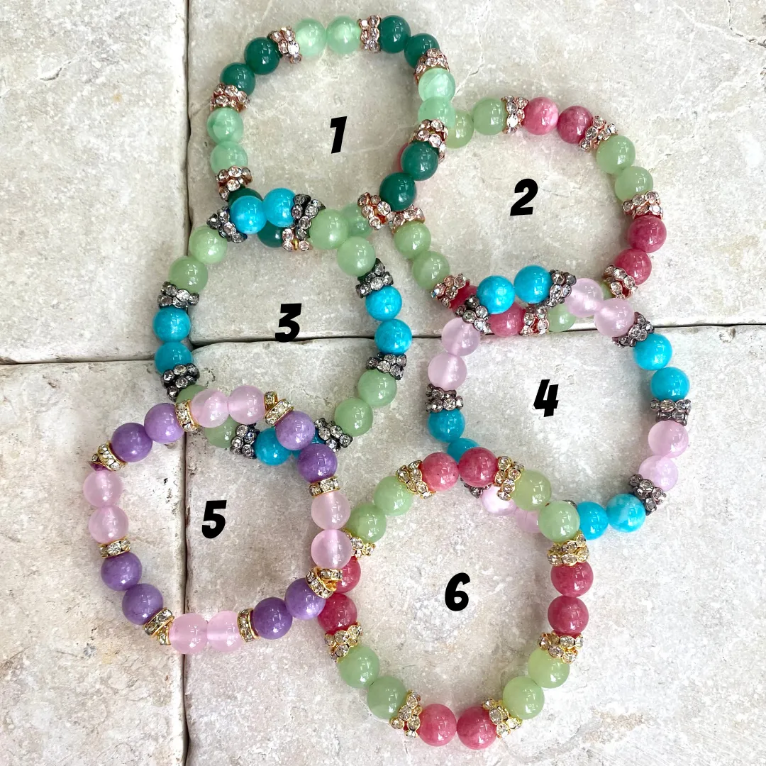 Vibrant colorful Jade with Sparkly Rhinestones Stretchy Bracelet